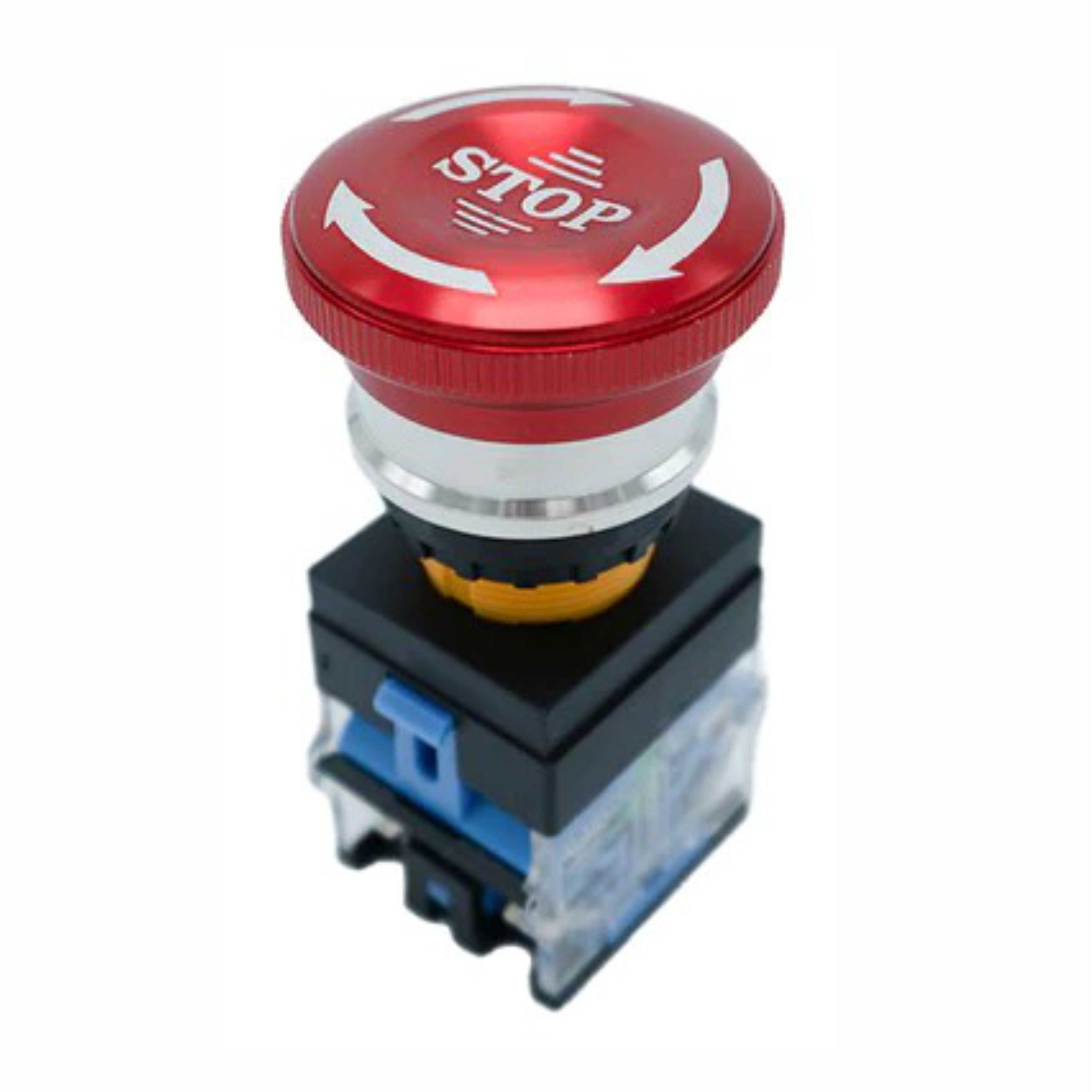 Red emergency stop button from Printomize America, designed for quick safety shutoff with clear 'STOP' labeling.