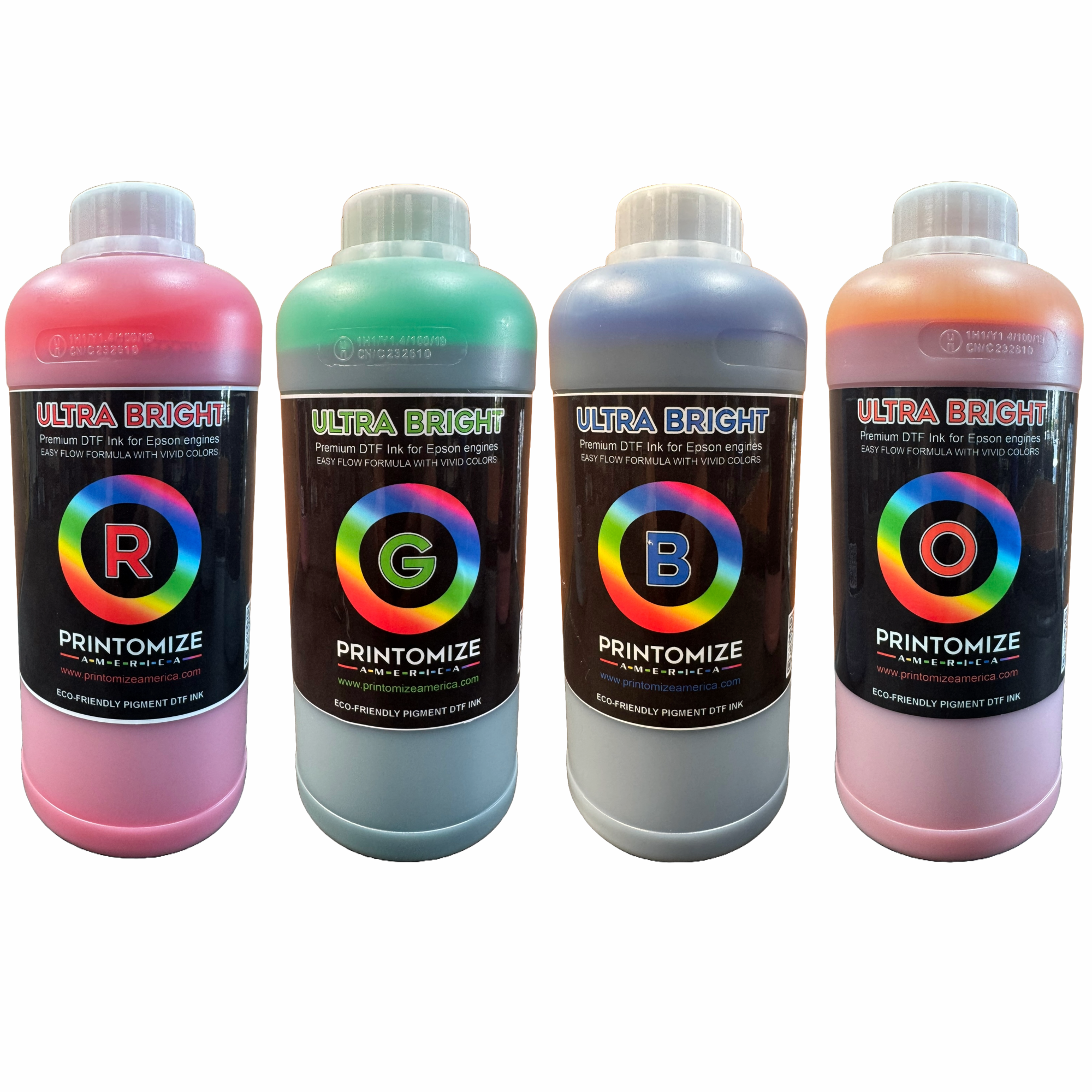 Four bottles of DTF Ultra Bright RGB Ink by Printomize America, showcasing vibrant colors including Pink, Light Blue, Grey, and Soft Pink. Ideal for high color density and eco-friendly printing solutions.