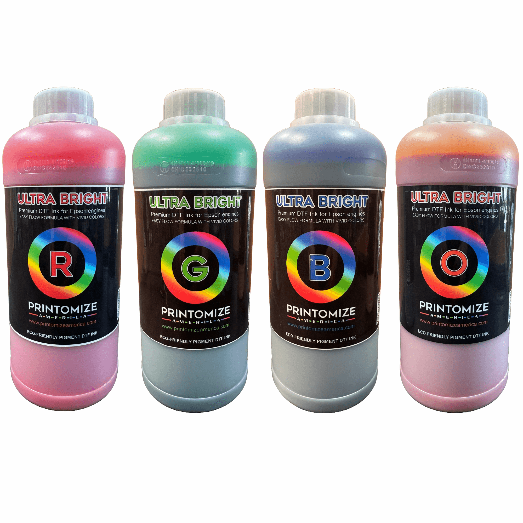 Four bottles of DTF Ultra Bright RGB Ink by Printomize America, showcasing vibrant colors including Pink, Light Blue, Grey, and Soft Pink. Ideal for high color density and eco-friendly printing solutions.
