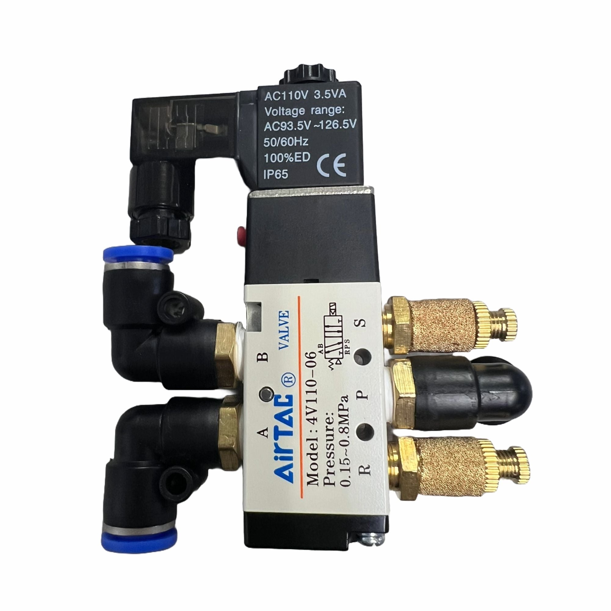 Solenoid Valve AC 110v - 4V11006C by MEM featuring airline attachments, suitable for various MEM Heat Press models. Close-up view showing the valve's design and specifications.