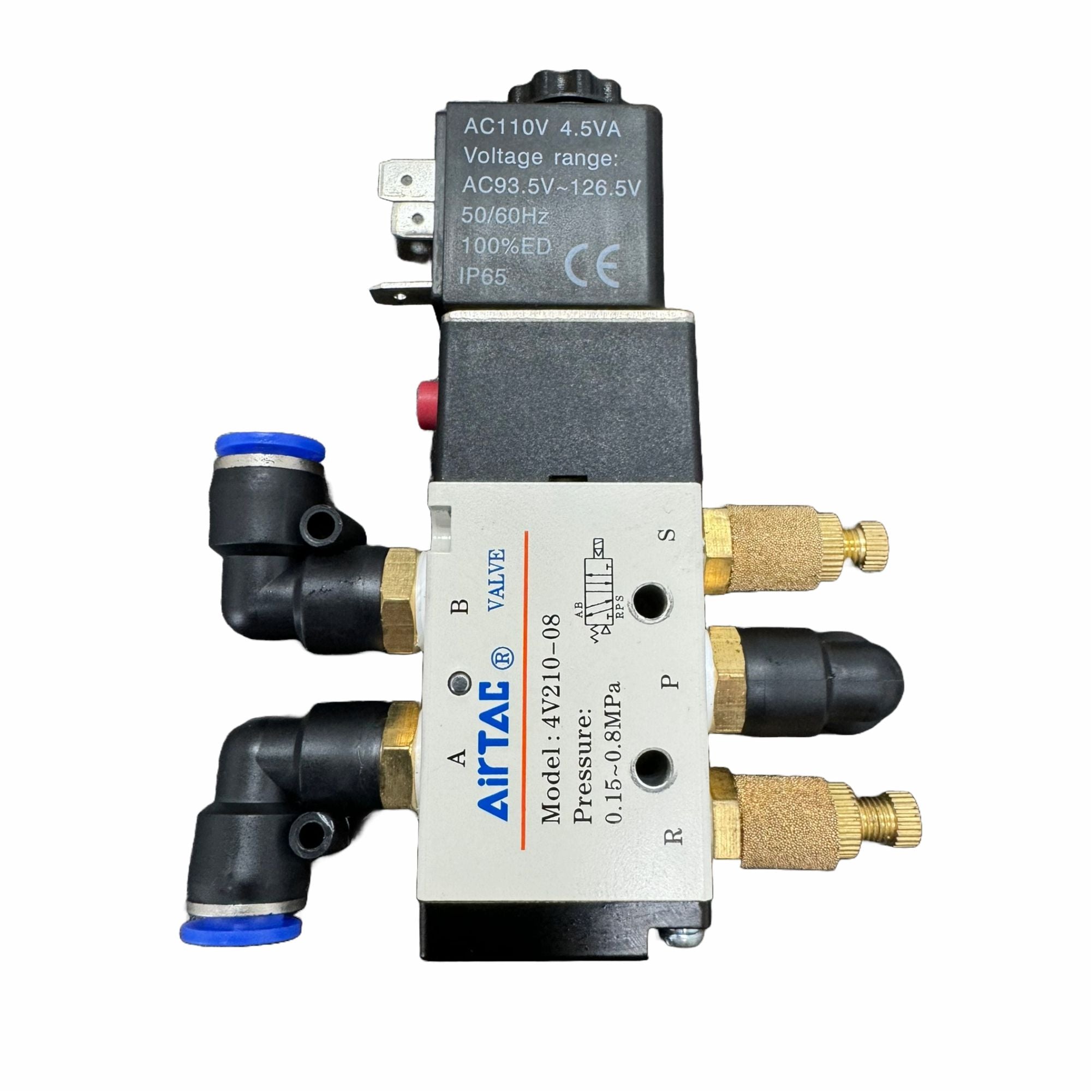Solenoid Valve AC 110v -4V21008C by MEM showing valve body with multiple airline attachments and electrical connector.