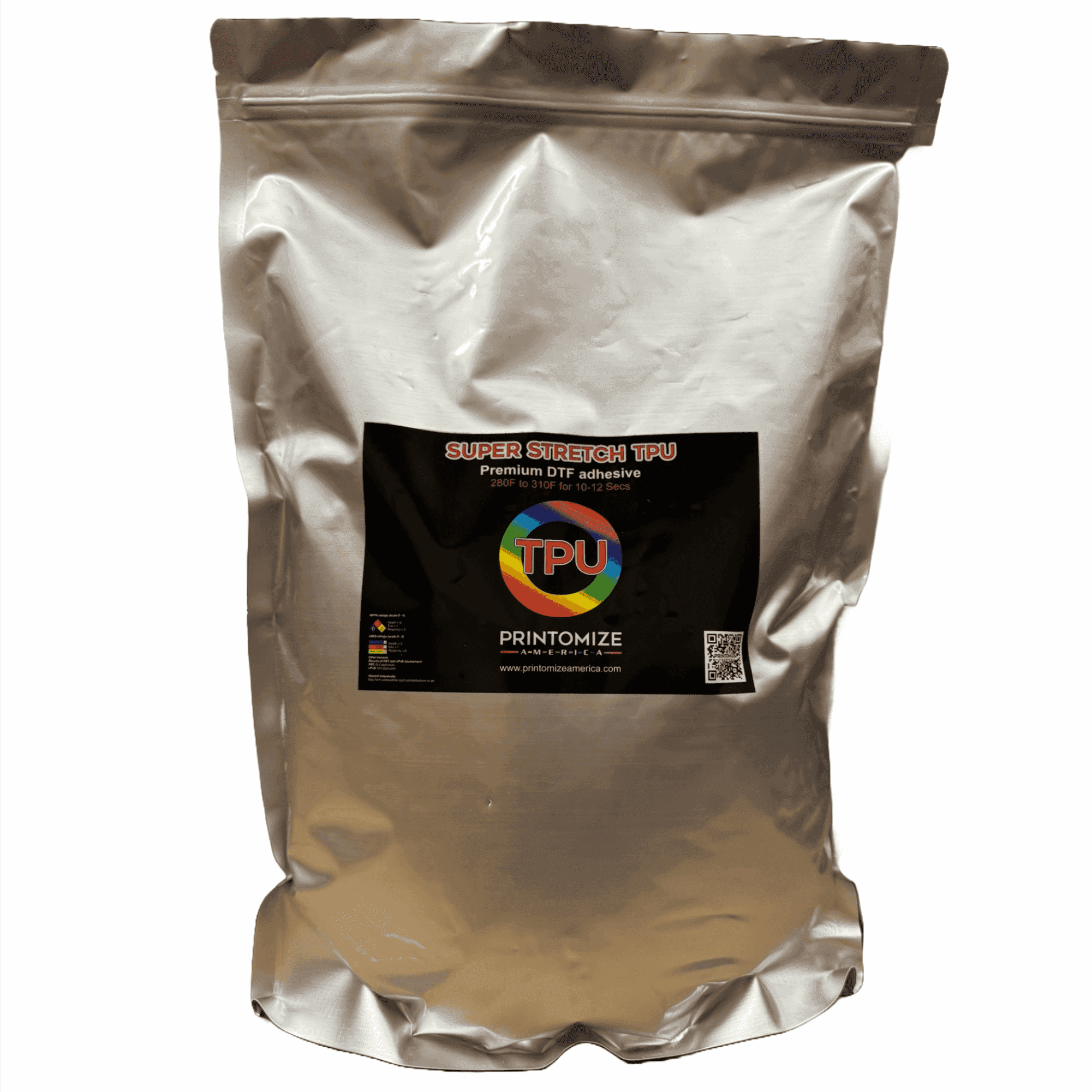 Super Stretch TPU Adhesive Powder from Printomize America, shown in a silver package, ideal for various crafting and printing applications.