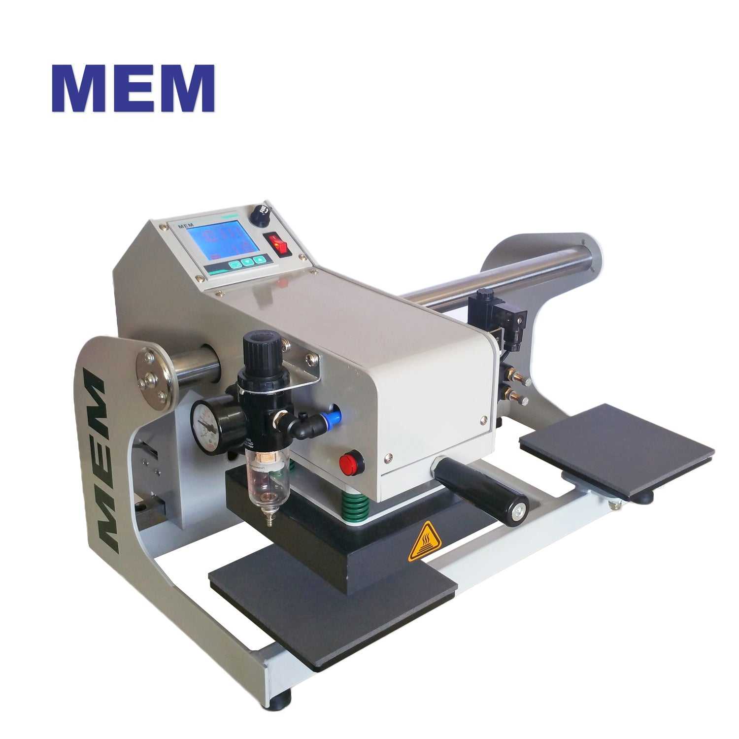 Side view of TQ-1515 6" x 6" I MEM heat press machine showing dual station layout and pneumatic controls for efficient label production.