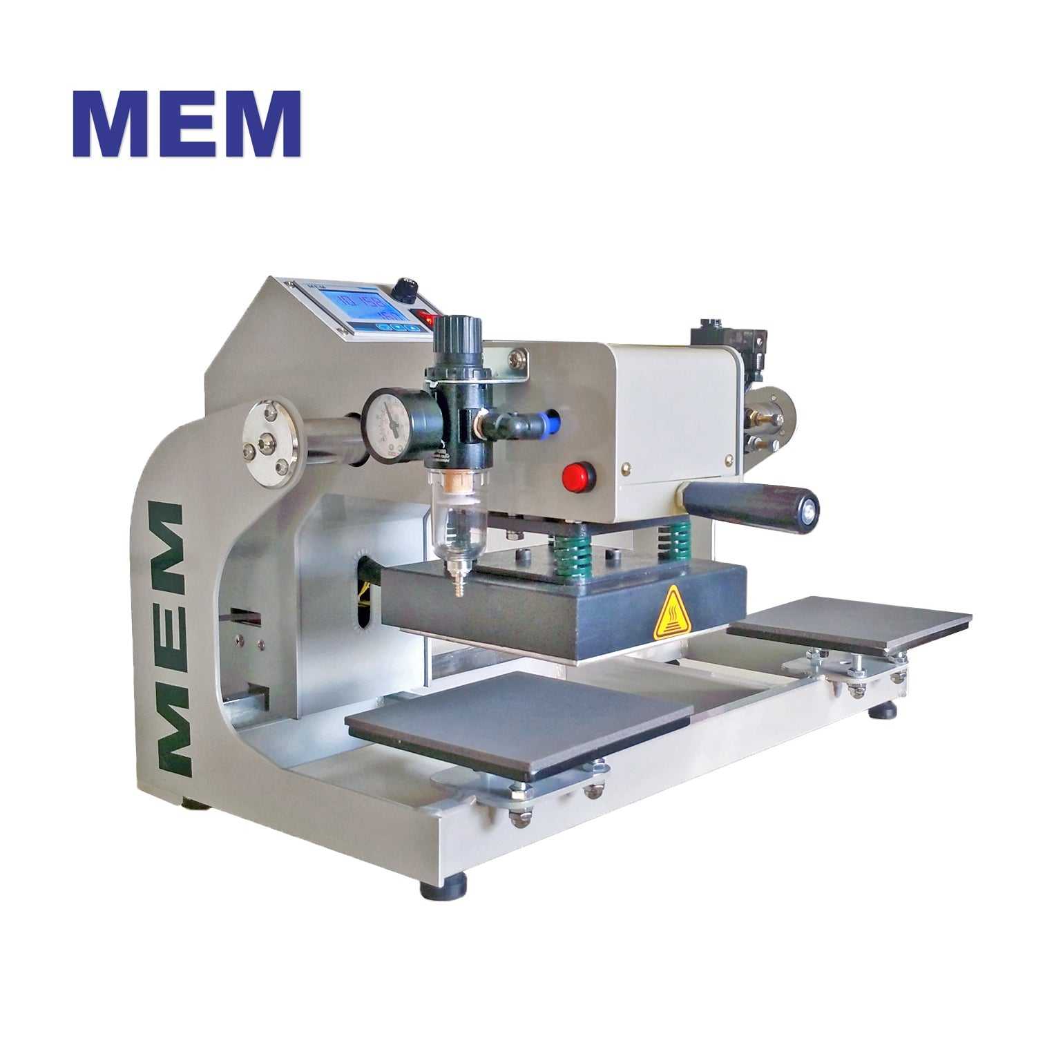 TQ-1515 6" x 6" I MEM pneumatic double station heat press with dual platens for high-speed label transfer in industrial printing applications.