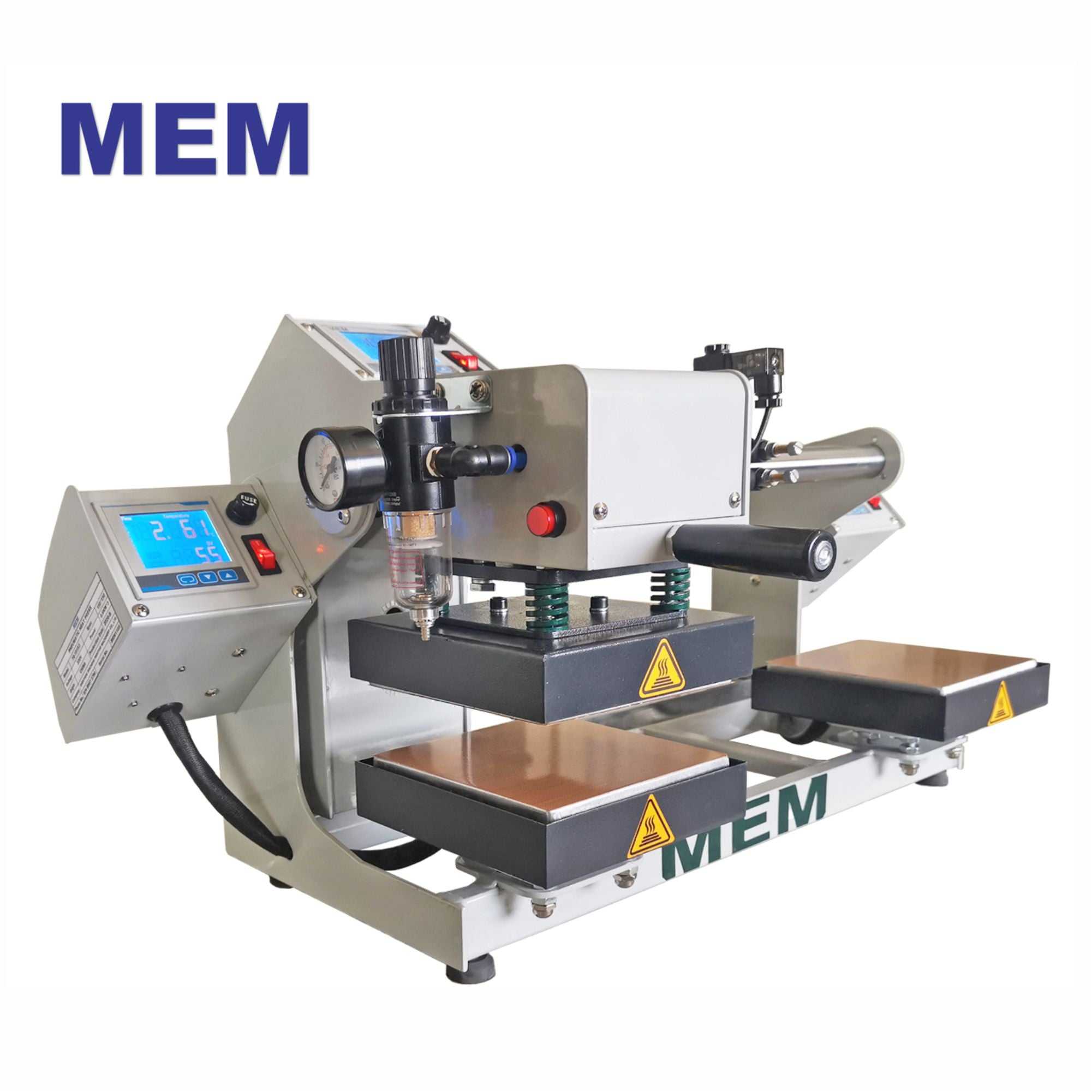 MEM TQ-1515 6" x 6" Double Station Top and Bottom Heat Press Machine showcasing its dual heat plates, control interface, and sturdy construction for efficient heat transfer applications.