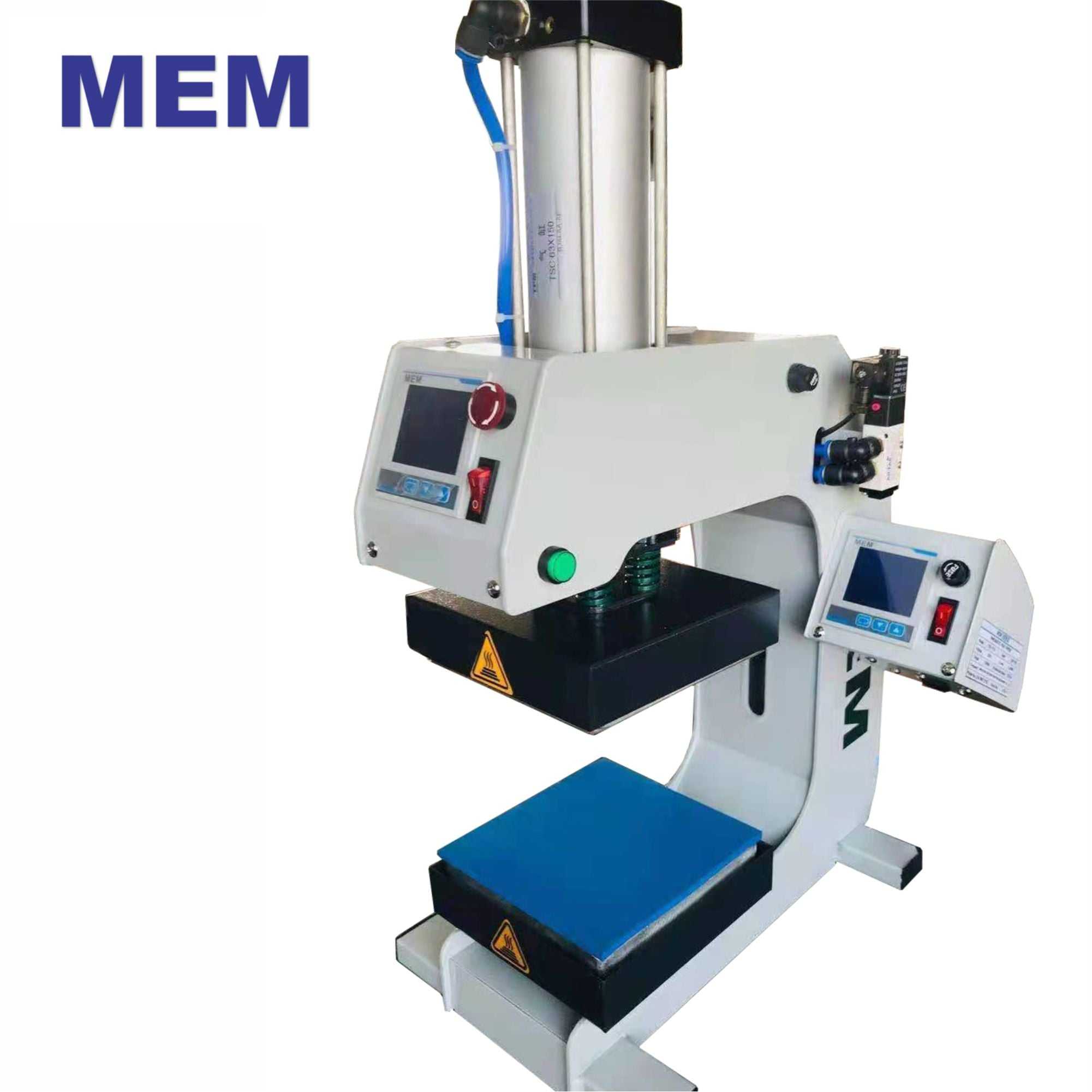 MEM TQ1-1515 Small 6" x 6" Press with top and bottom heat plate, industrial grade pneumatic heat press machine designed for applying labels and logos in heat printing applications.
