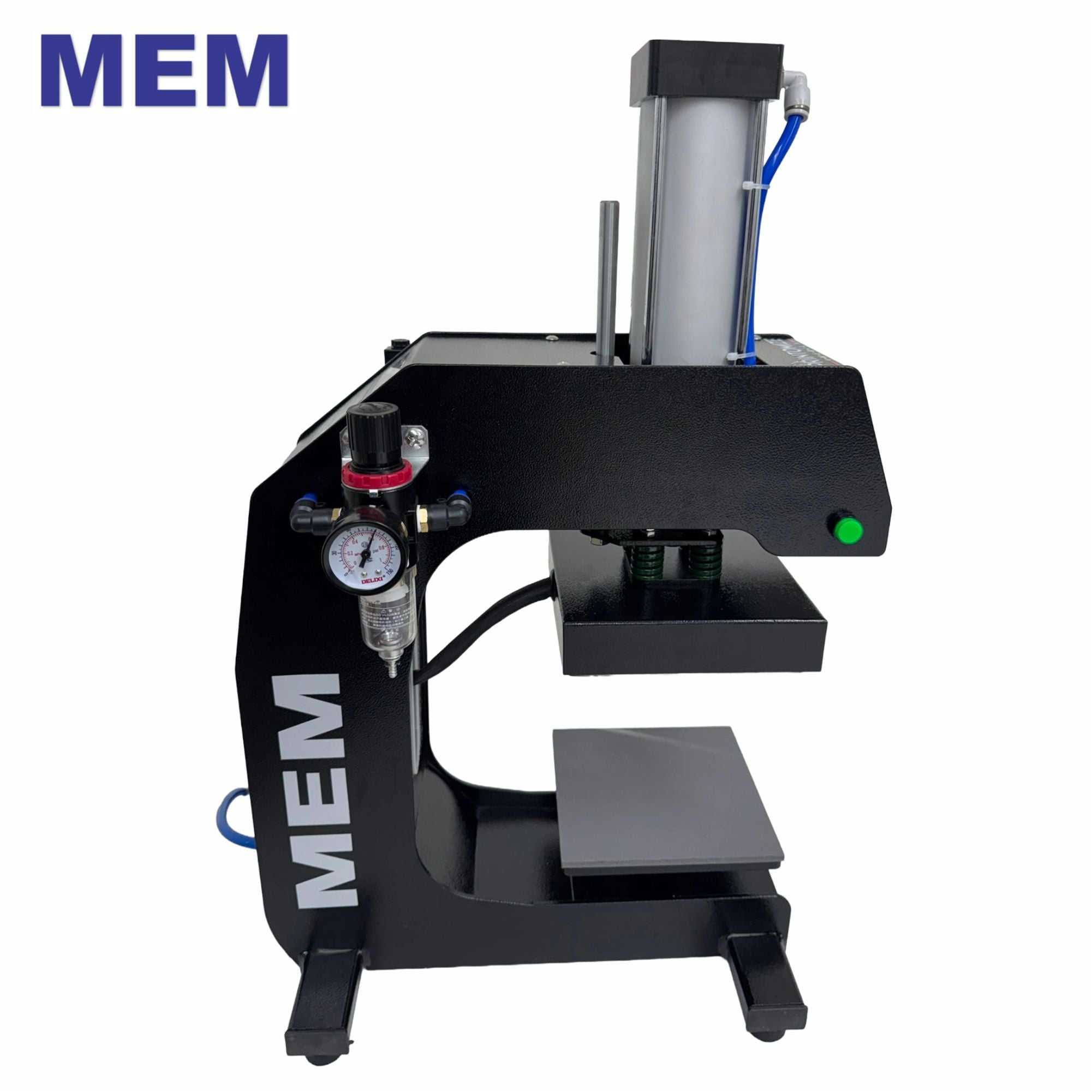 TQ1-1515 Pneumatic Heat Press Machine by MEM with interchangeable 6" x 6" and 3" x 3" platens ideal for apparel branding applications.
