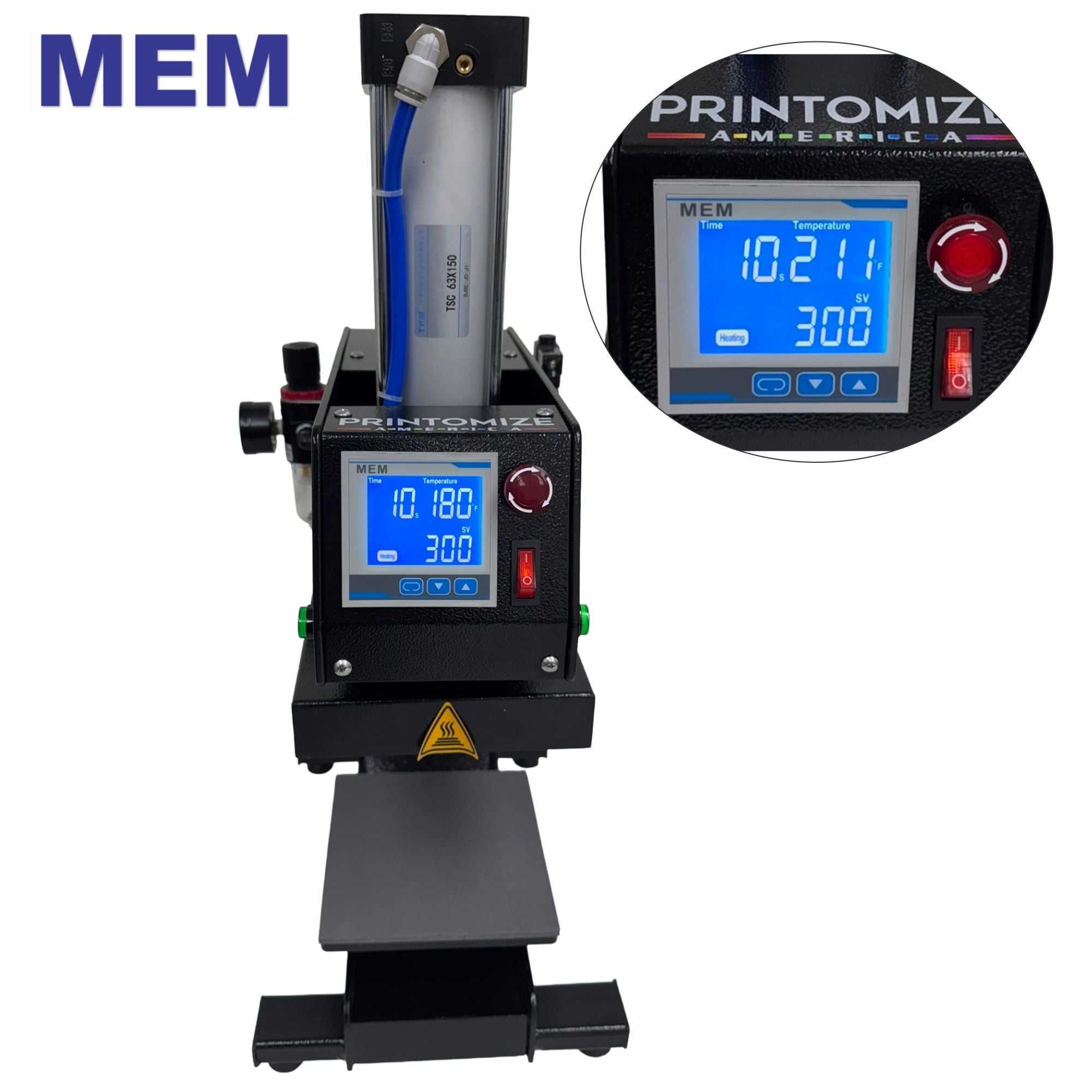TQ1-1515 Small 6" x 6" Label Pneumatic Heat Press Machine by MEM demonstrating compact design suitable for high-volume production environments.