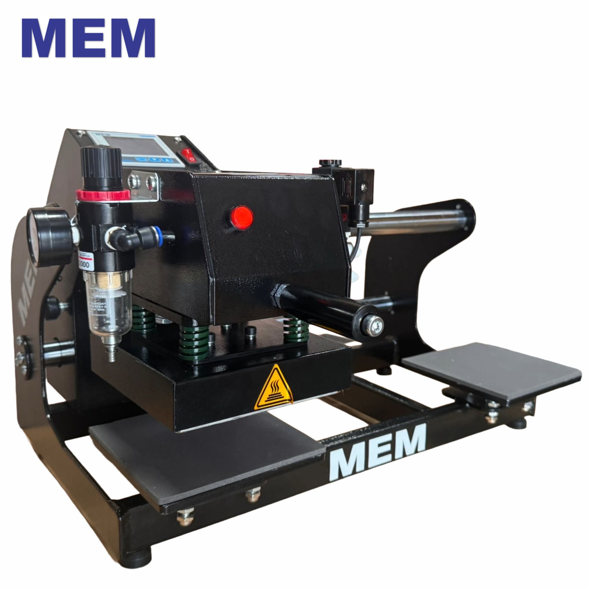 MEM TQ-1515 6" x 6" pneumatic double station heat press for inner-neck labels.