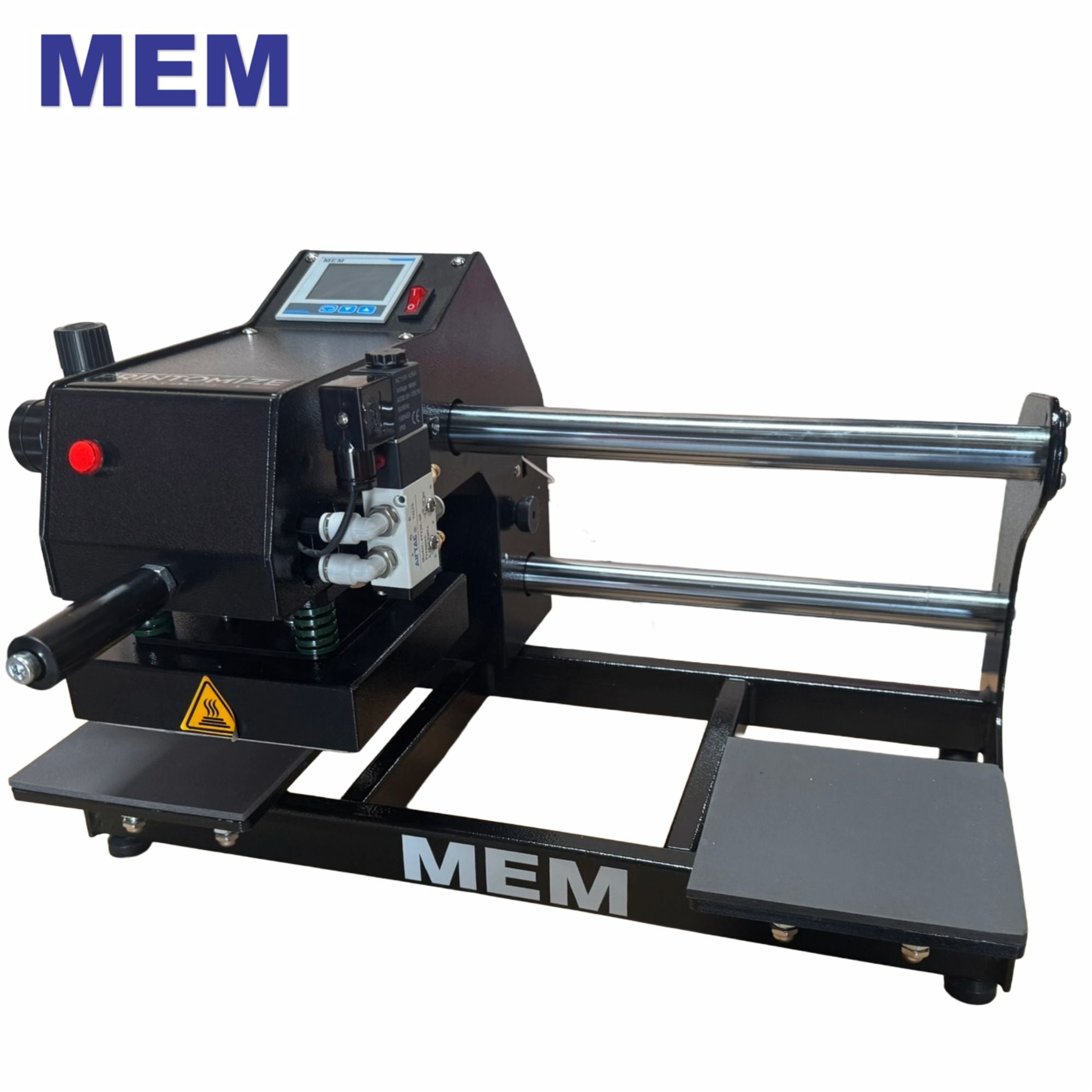 Side view of the MEM TQ-1515 pneumatic double station press with control panel and swing arm.