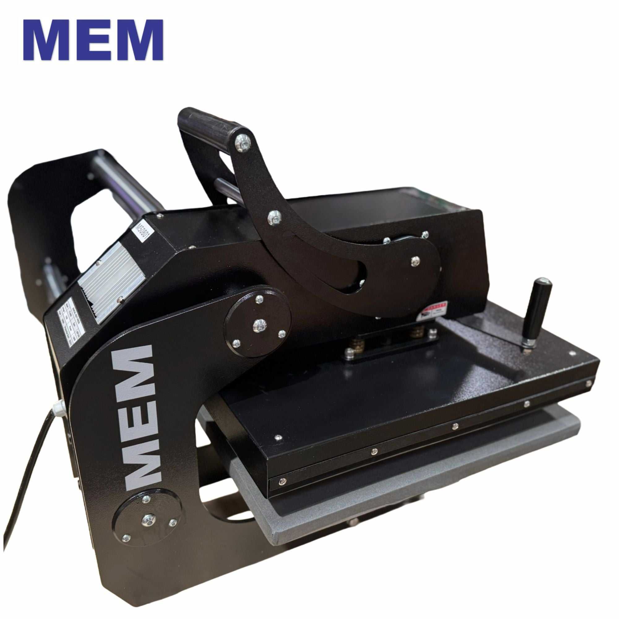 Close-up of TY-4050 16 x 20 I MEM manual heat press machine highlighting heavy-duty construction and MEM branding on side.