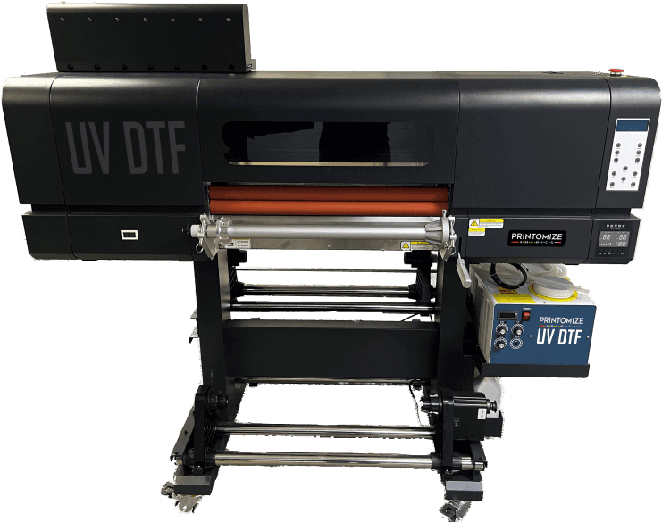 UV DTF Printer by Printomize America showcasing advanced ultraviolet curing technology for versatile printing on various surfaces including metal, leather, and plastic.