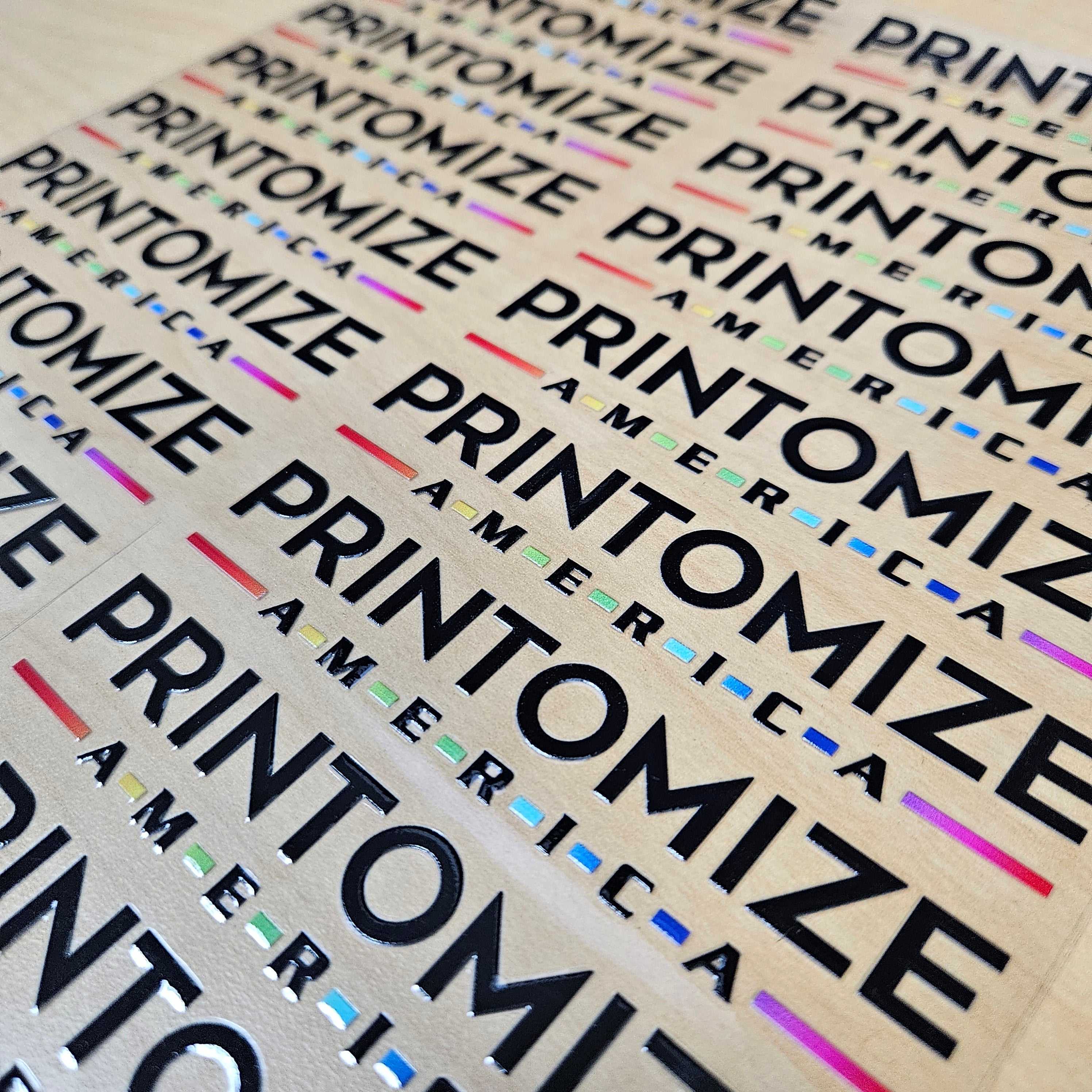UV DTF Transfers by Printomize America showcasing colorful and vibrant gang sheets with the Printomize logo.