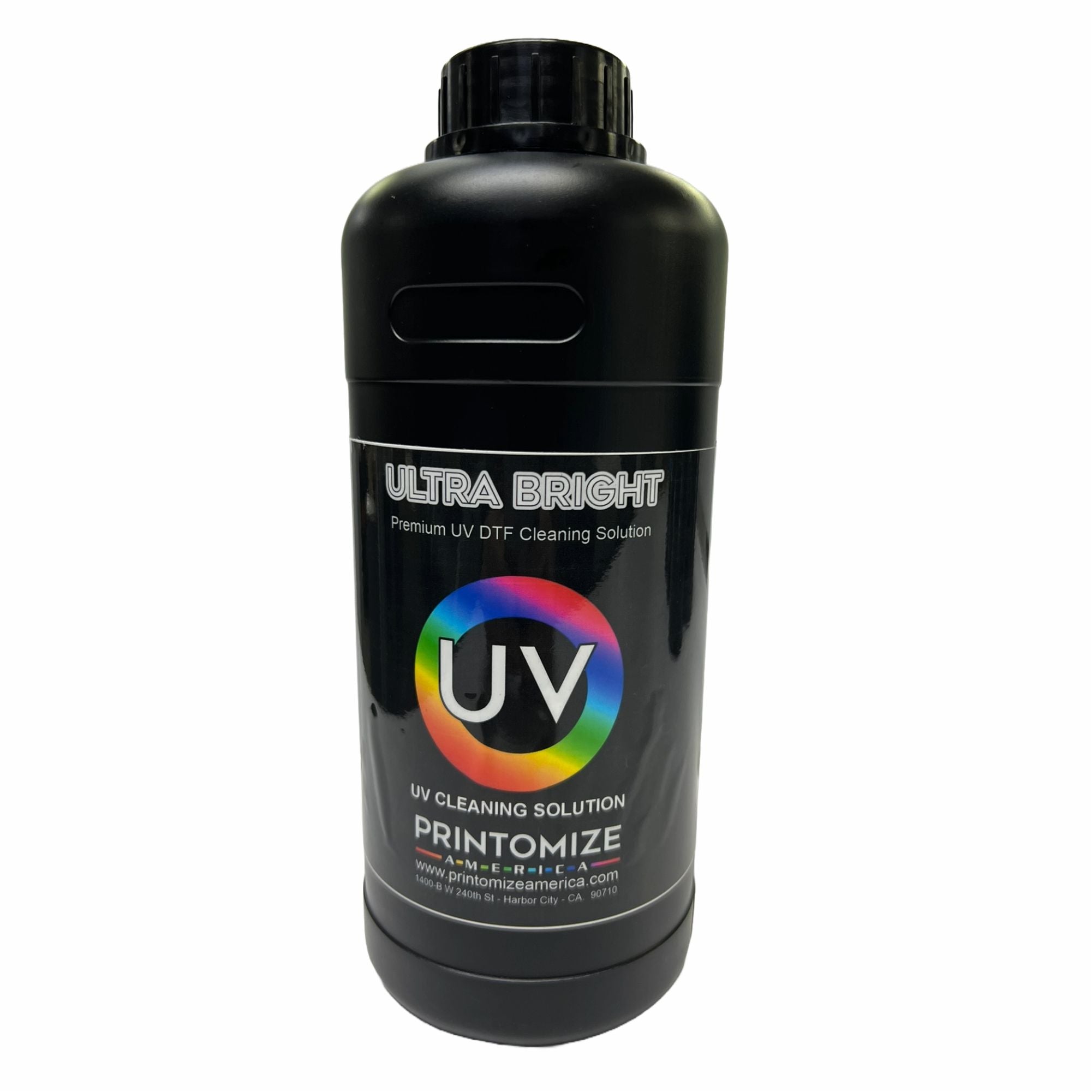 UV DTF Cleaning Solution 1000ml by Printomize America, featuring a black bottle with a vibrant label showcasing the UV logo and product details.