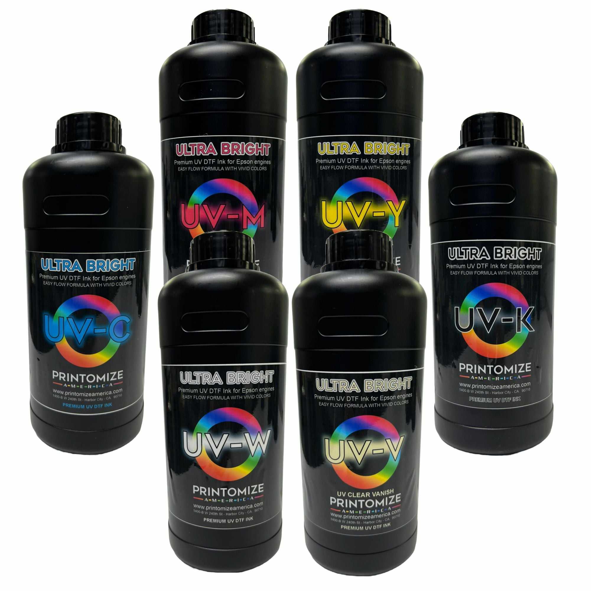 Collection of Printomize America's UV DTF Ultra Bright Ink bottles in various colors, showcasing vibrant and high-quality ink options for stunning visual prints.