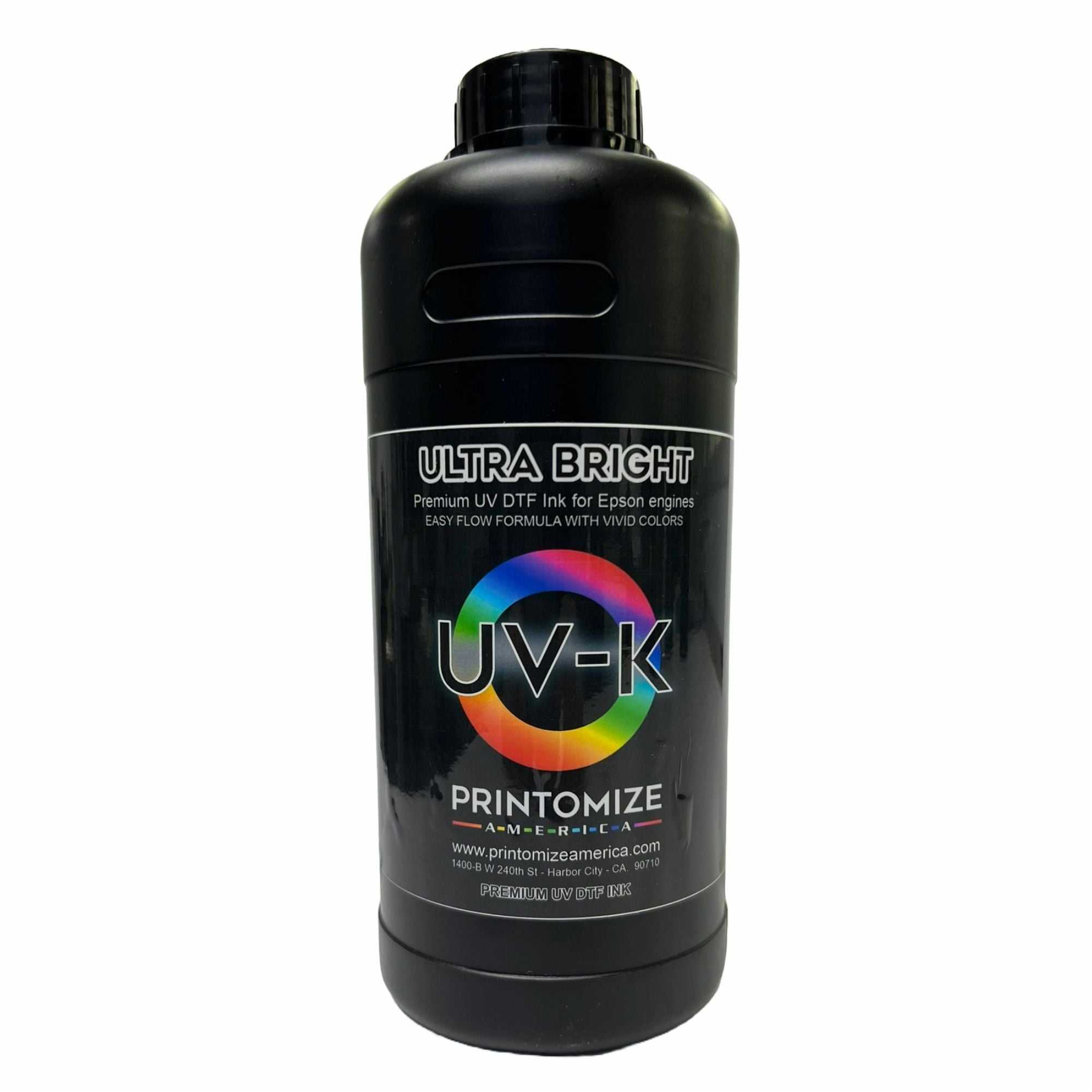 UV DTF Ultra Bright Black Ink by Printomize America, showcasing a sleek black bottle designed for high-quality printing with vibrant color output.