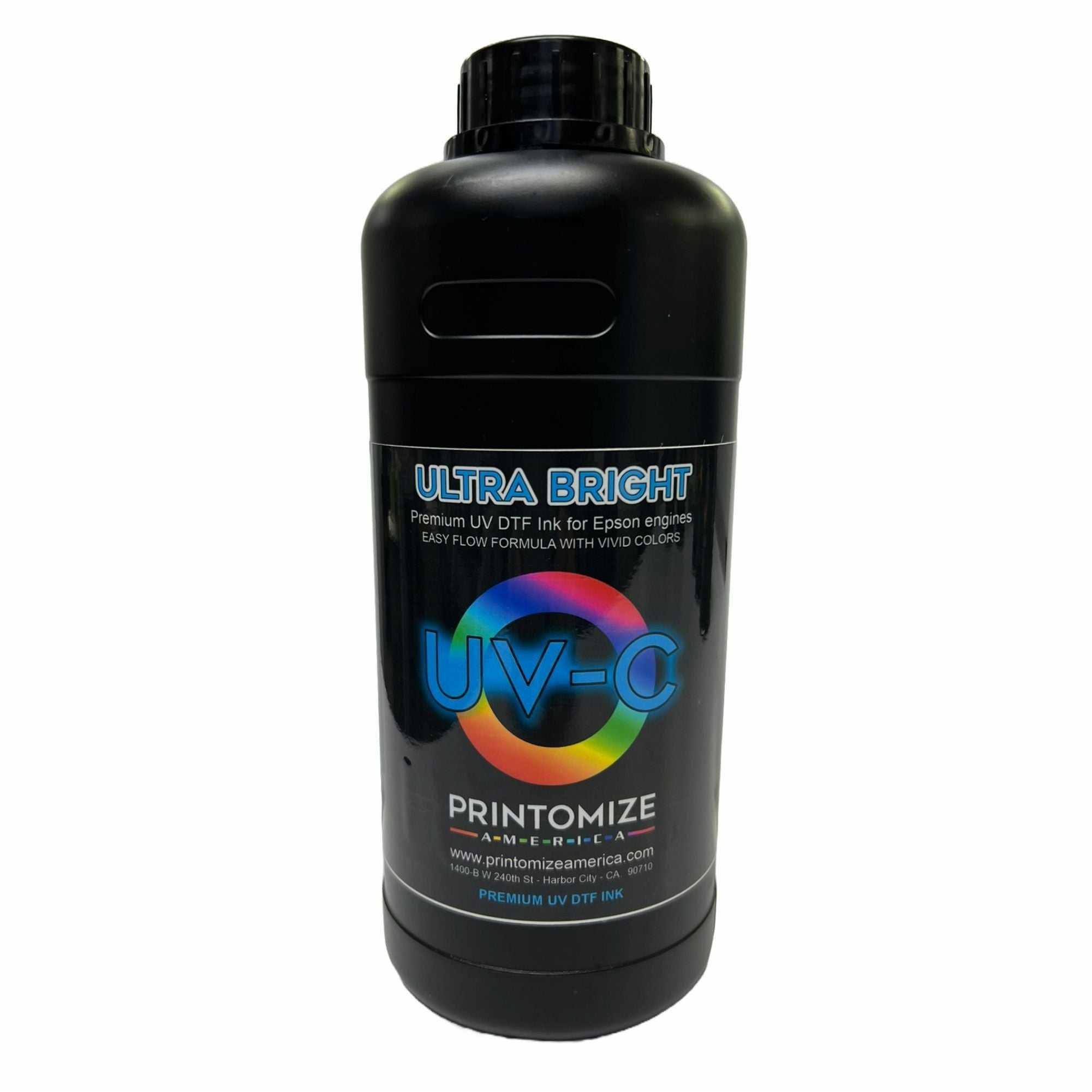 A 1-liter bottle of UV DTF Ultra Bright Cyan Ink from Printomize America, showcasing the product label and benefits of high color density and vivid printing capabilities.