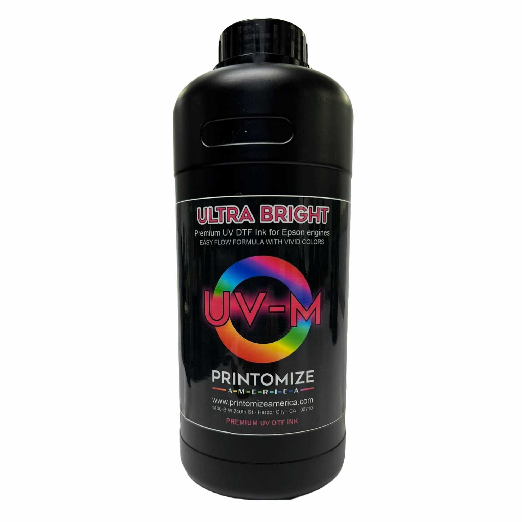 Premium UV DTF Ultra Bright Ink in black bottle for Epson engines, manufactured by Printomize America. Perfect for producing vivid colors and high-quality prints.