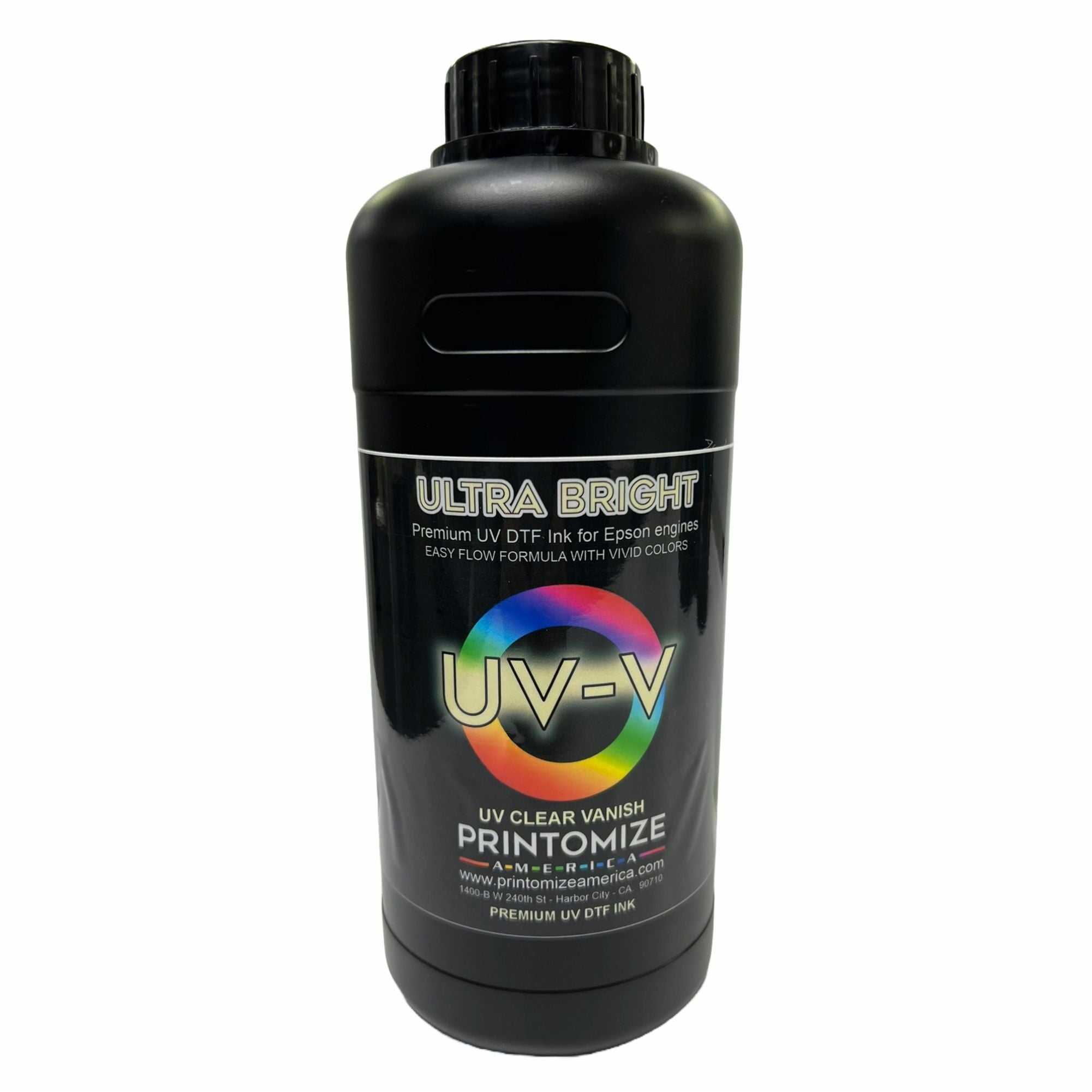 UV Ink Ultra Bright bottle labeled UV-V Clear Vanish from Printomize America, designed for Epson printers with vivid color flow formula.