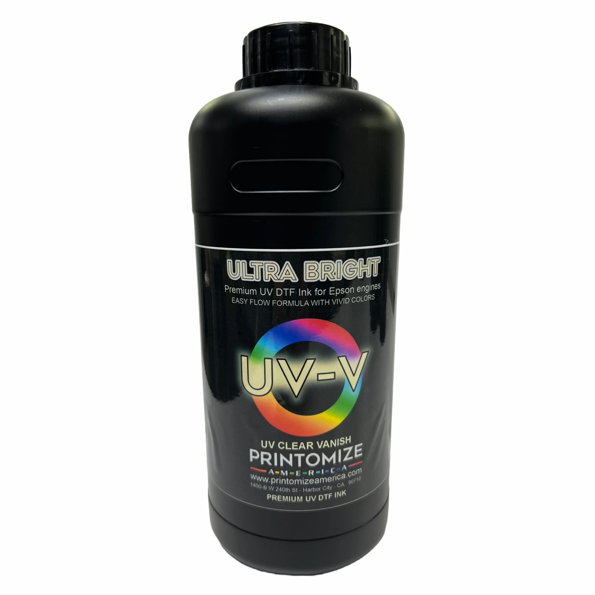 UV DTF Varnish 1000ml bottle by Printomize America, featuring an ultra bright black container suitable for use with Epson printers.