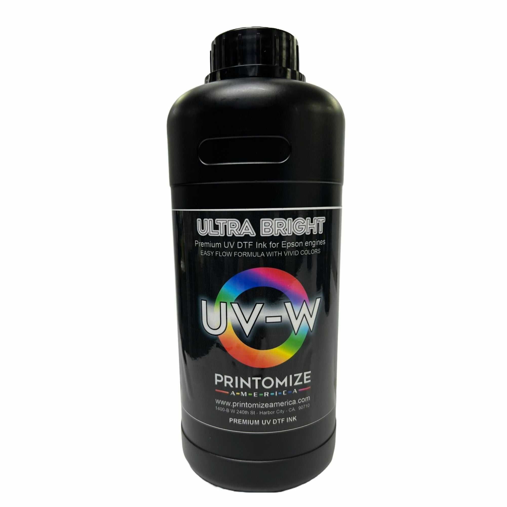 Premium UV DTF Ultra Bright Ink in white bottle for Epson engines, produced by Printomize America, ensuring vivid color reproduction and printing excellence.