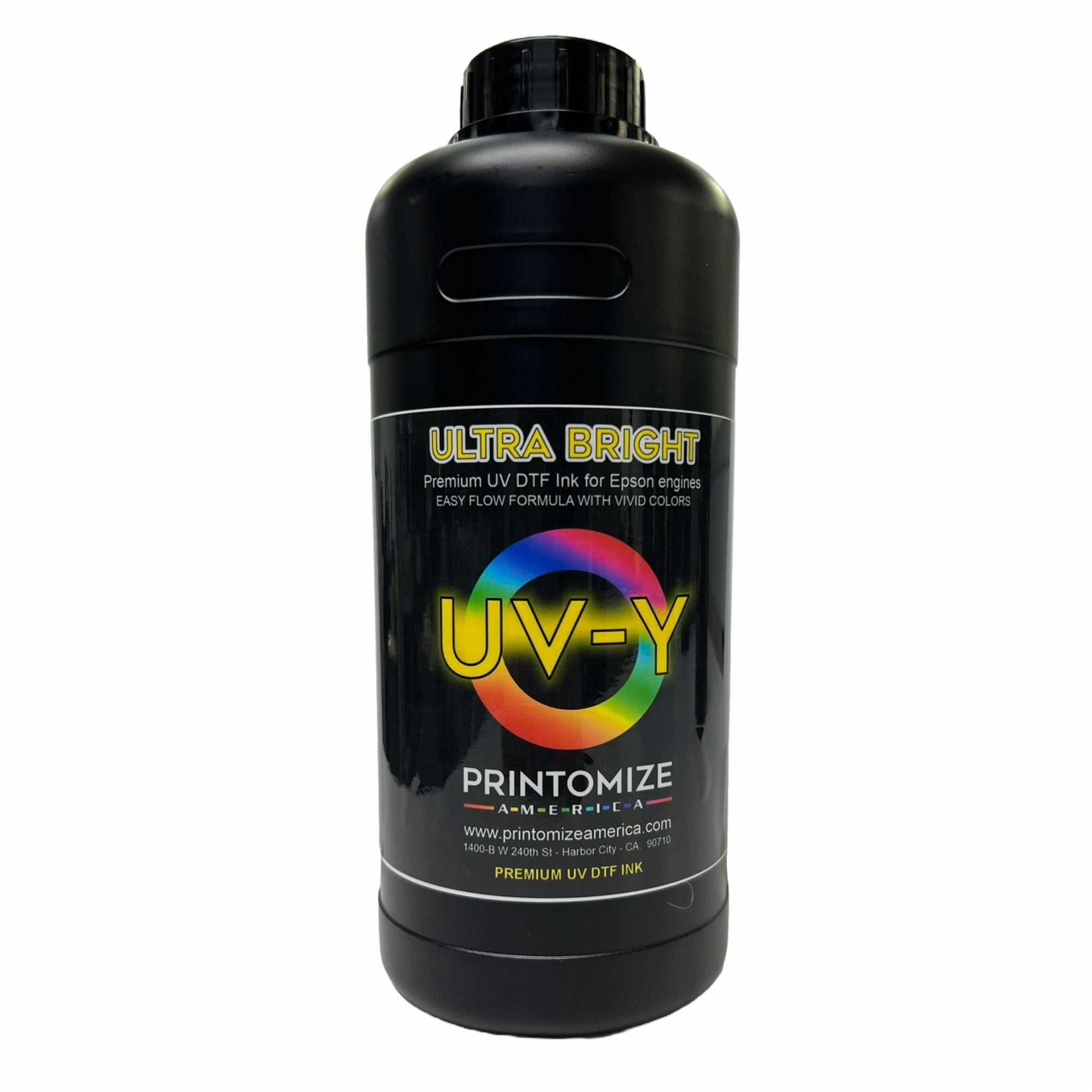 Premium UV DTF Ultra Bright Ink in yellow bottle for Epson engines, made by Printomize America. Designed for easy flow and vibrant color output.