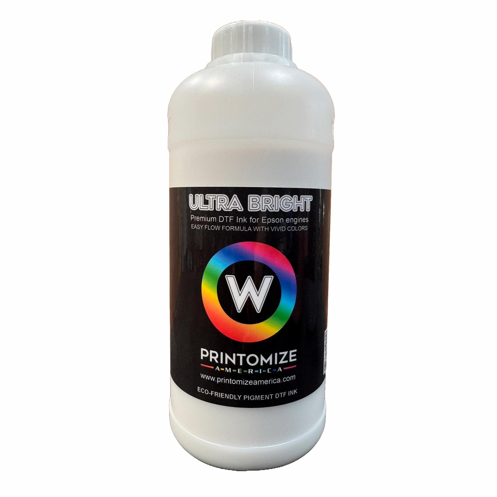 Close-up of a single DTF Ultra Bright Ink bottle labeled 'W' designed for Epson engines, part of the mix and match collection by Printomize America.