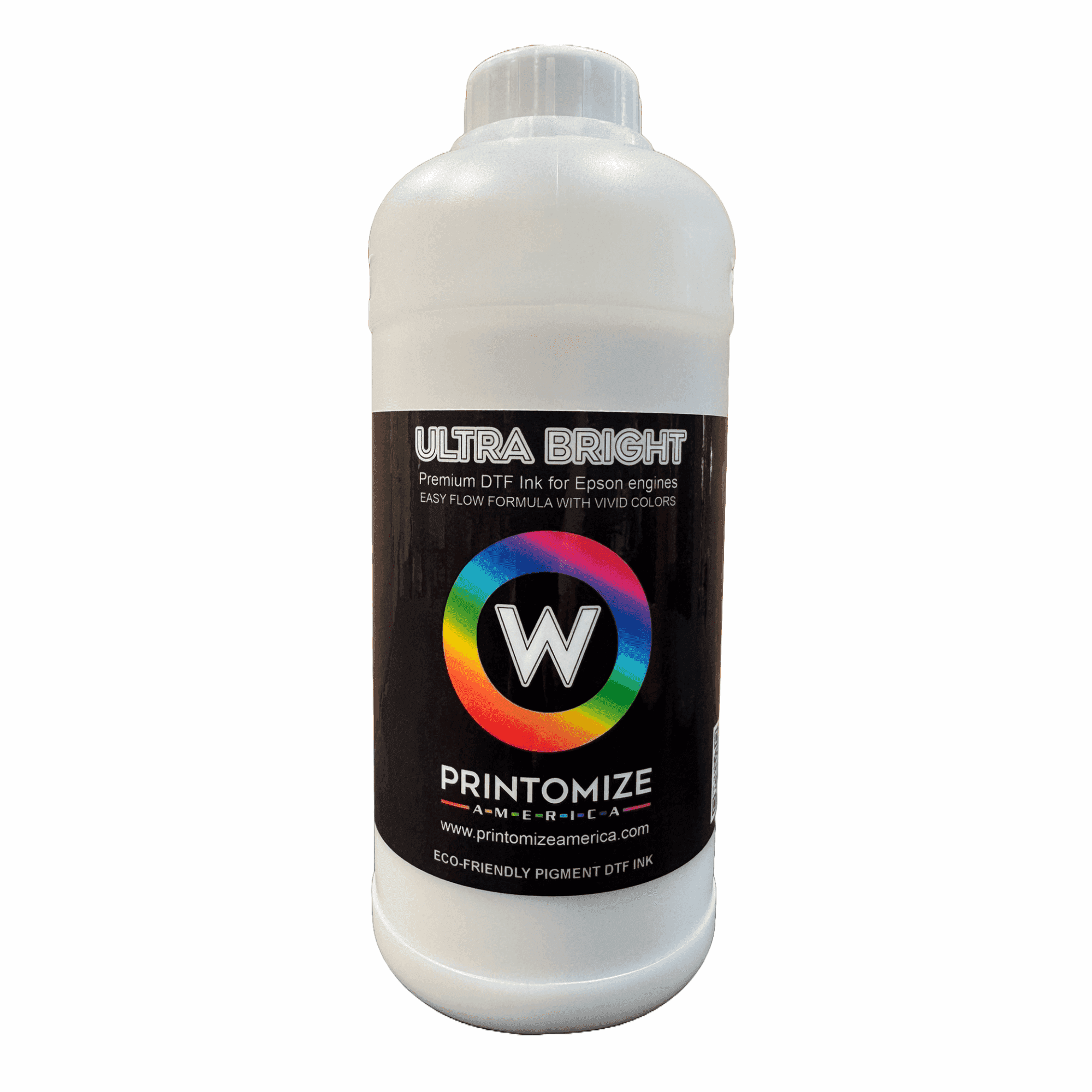 Close-up of a single DTF Ultra Bright Ink bottle labeled 'W' designed for Epson engines, part of the mix and match collection by Printomize America.