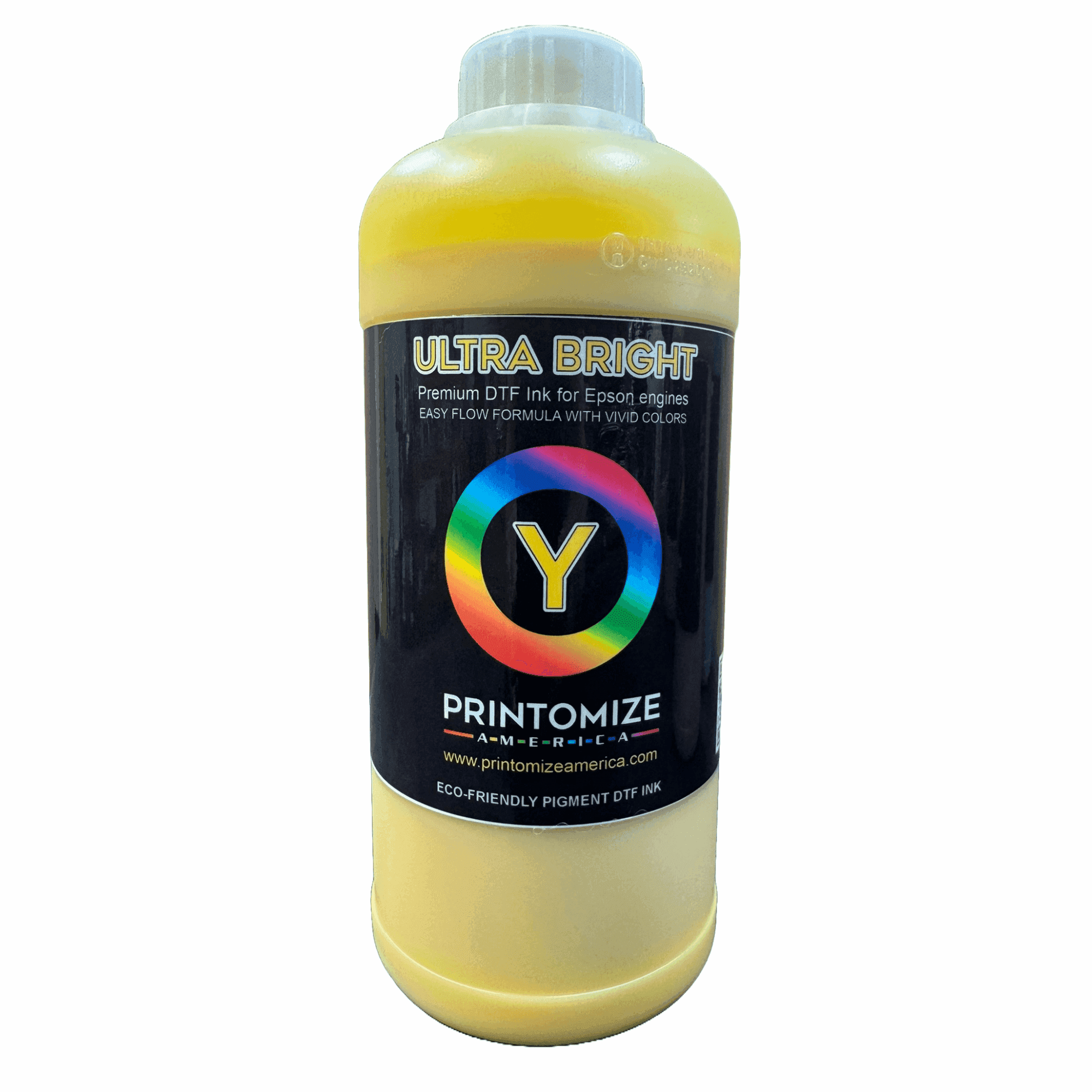 Eco-friendly yellow DTF ink bottle from Printomize America, part of the DTF Ultra Bright Ink range, designed for vibrant color printing.