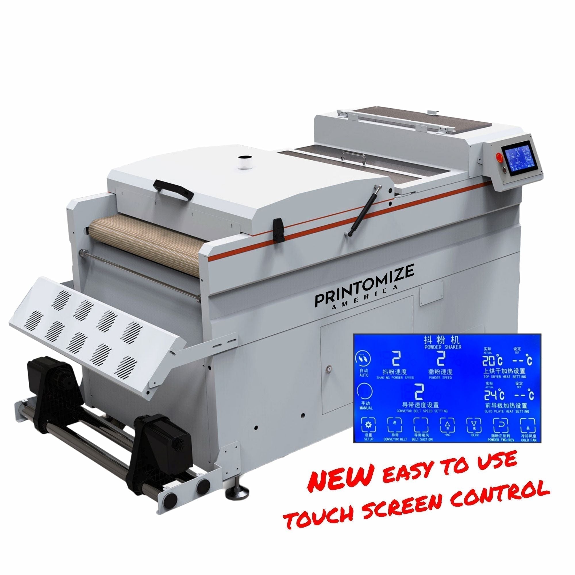 24in Automatic DTF Powder Shaker and Dryer by Printomize America featuring vacuum absorption conveying platform and touch screen for efficient powder control.