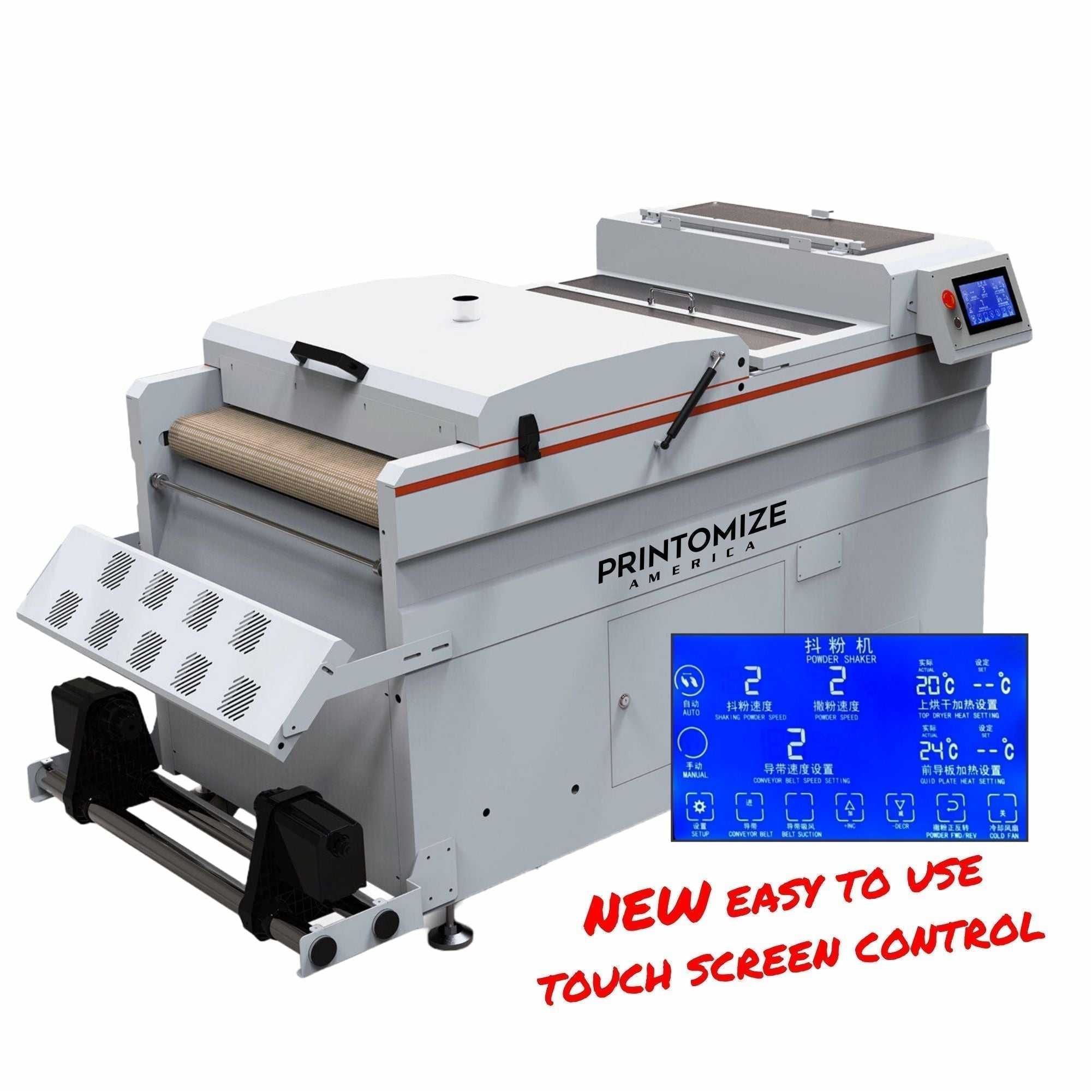 24in Automatic DTF Powder Shaker and Dryer by Printomize America featuring vacuum absorption conveying platform and touch screen for efficient powder control.