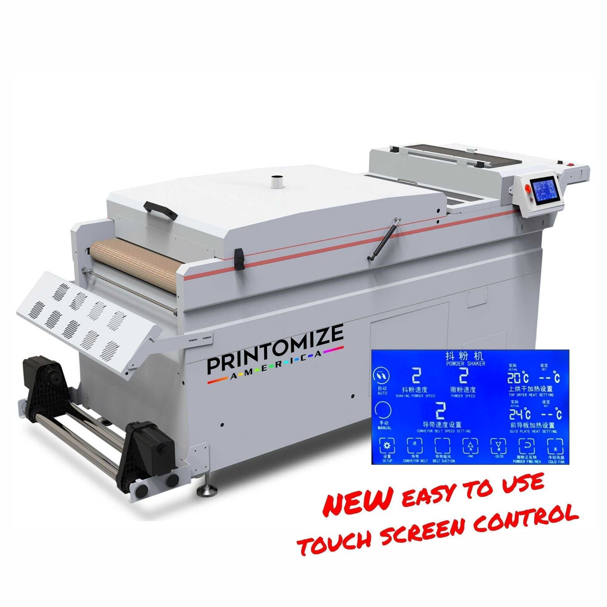 24in 220V High Speed Automatic DTF Powder Shaker and Dryer by Printomize America, featuring a vacuum absorption conveying platform and touch screen control.