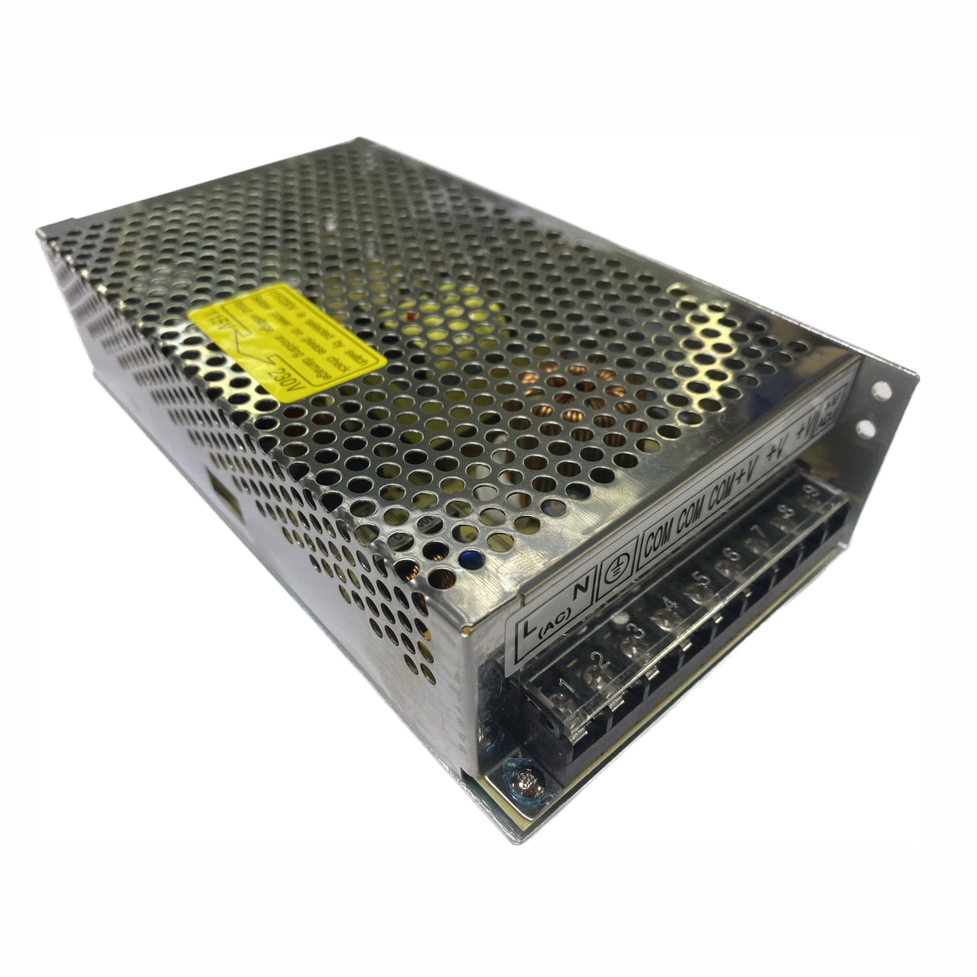 Power Board 250V to 24V 10A from Printomize America, featuring a compact design with a metallic casing and ventilation holes, ideal for power conversion applications.