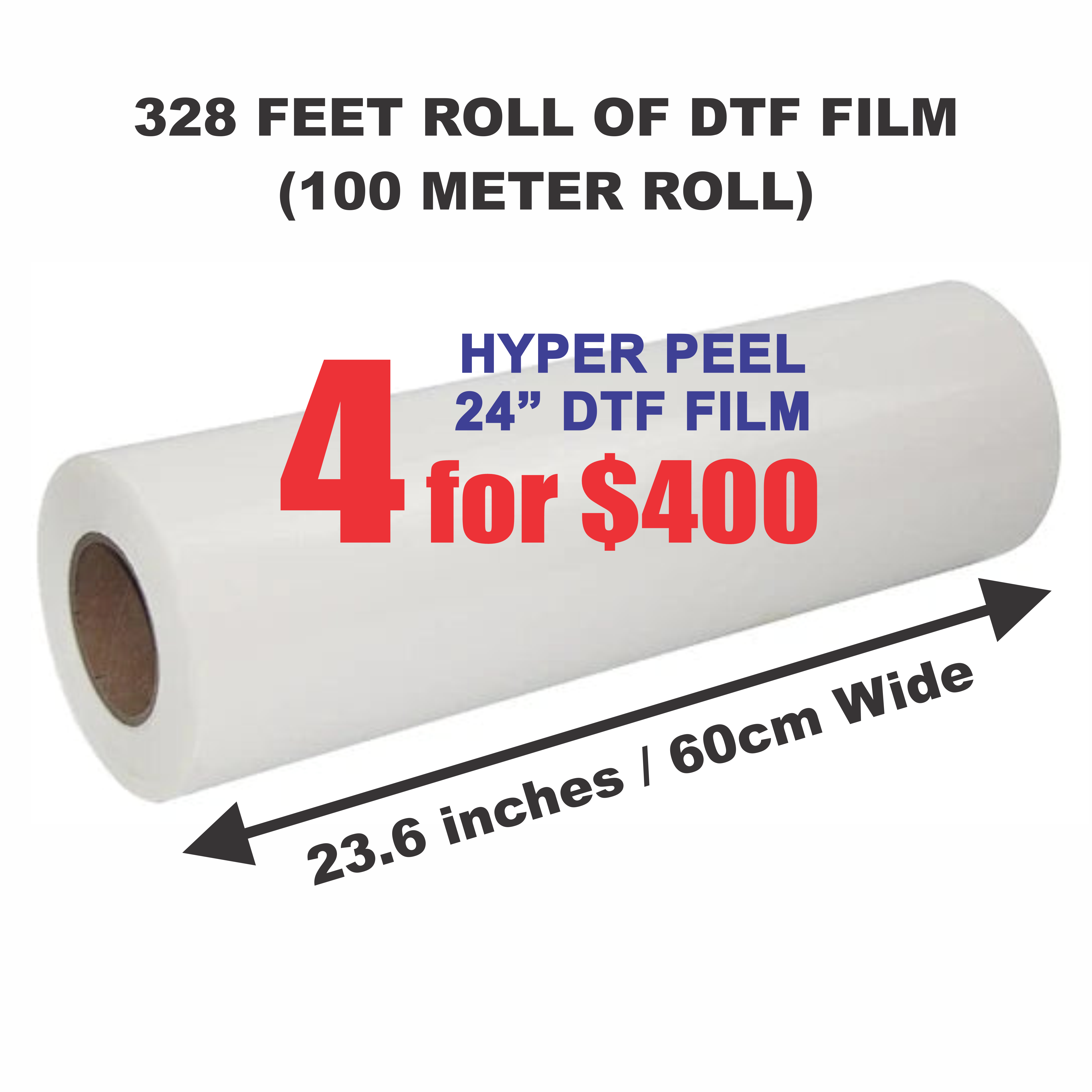 Printomize America 23.6” x 328 Feet Roll Of DTF Film - Double Sided Instant Hot Peel, perfect for DTF inks and various fabrics.