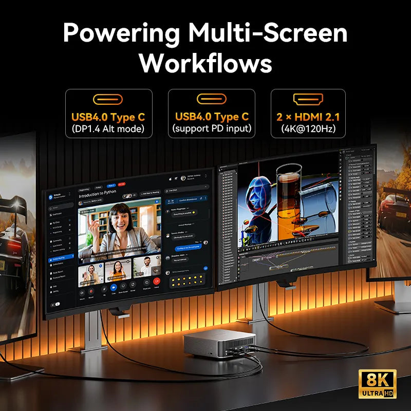 GEEKOM A9 Max mini PC driving dual monitors over USB4 Type-C and HDMI 2.1 with 8K output support