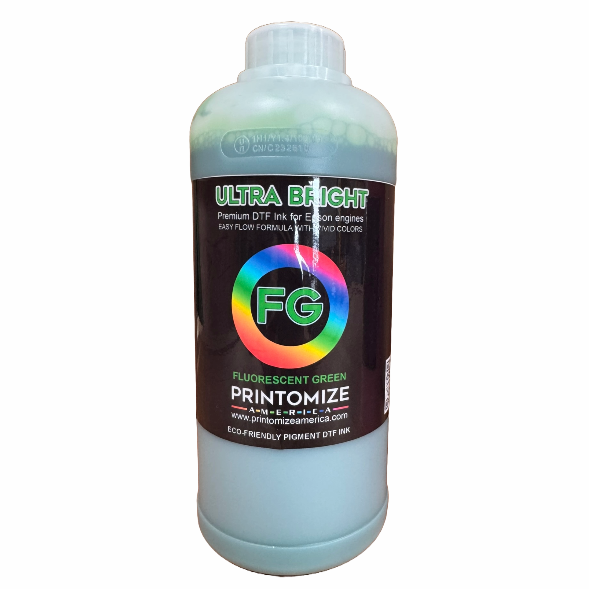 Single bottle of DTF Ultra Bright Fluorescent Ink by Printomize America, showcasing fluorescent green ink, optimized for eco-friendly printing applications.