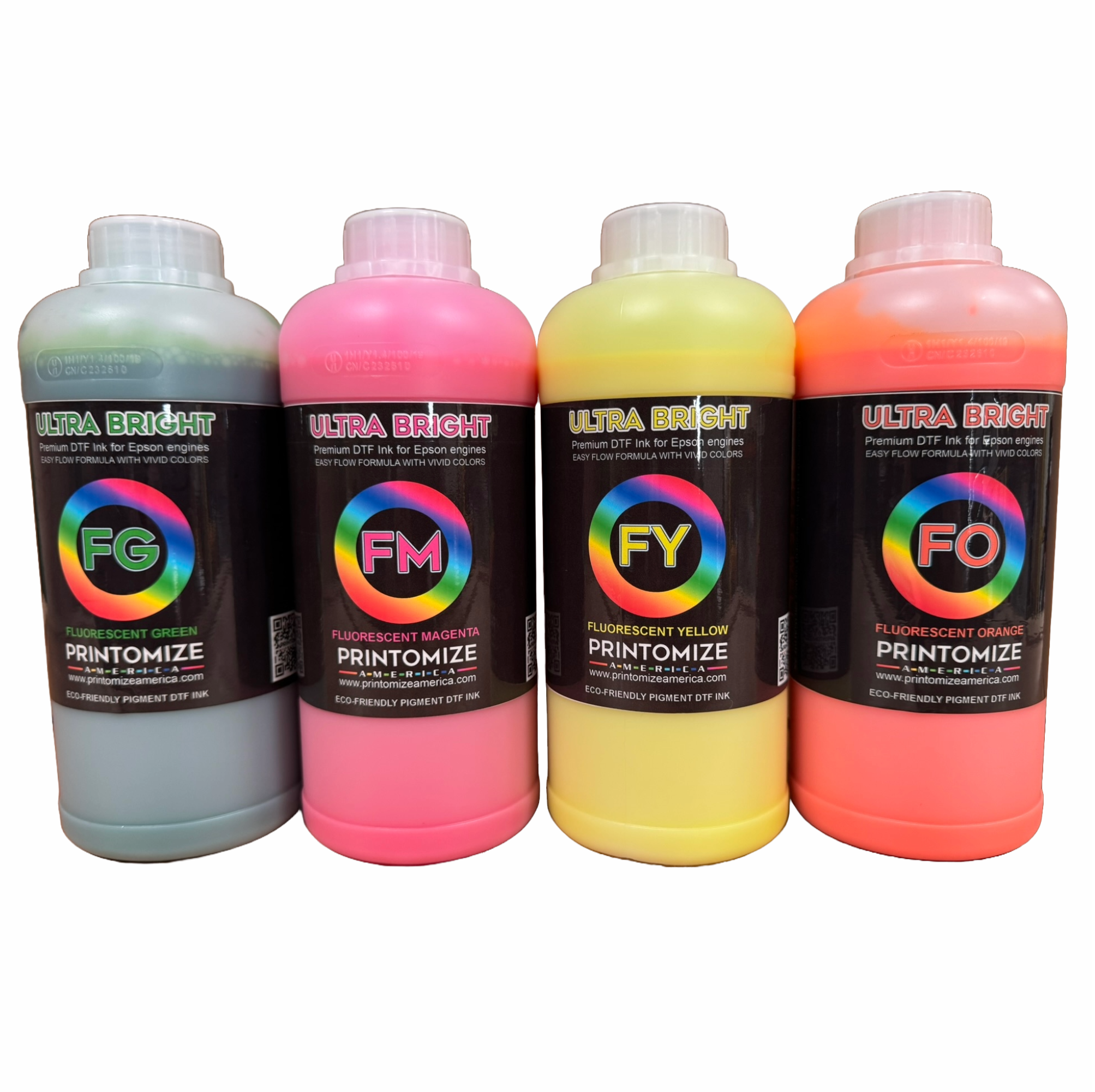 Four bottles of DTF Ultra Bright Fluorescent Ink by Printomize America, featuring vibrant colors including fluorescent gray, magenta, yellow, and orange, designed for high-quality printing.