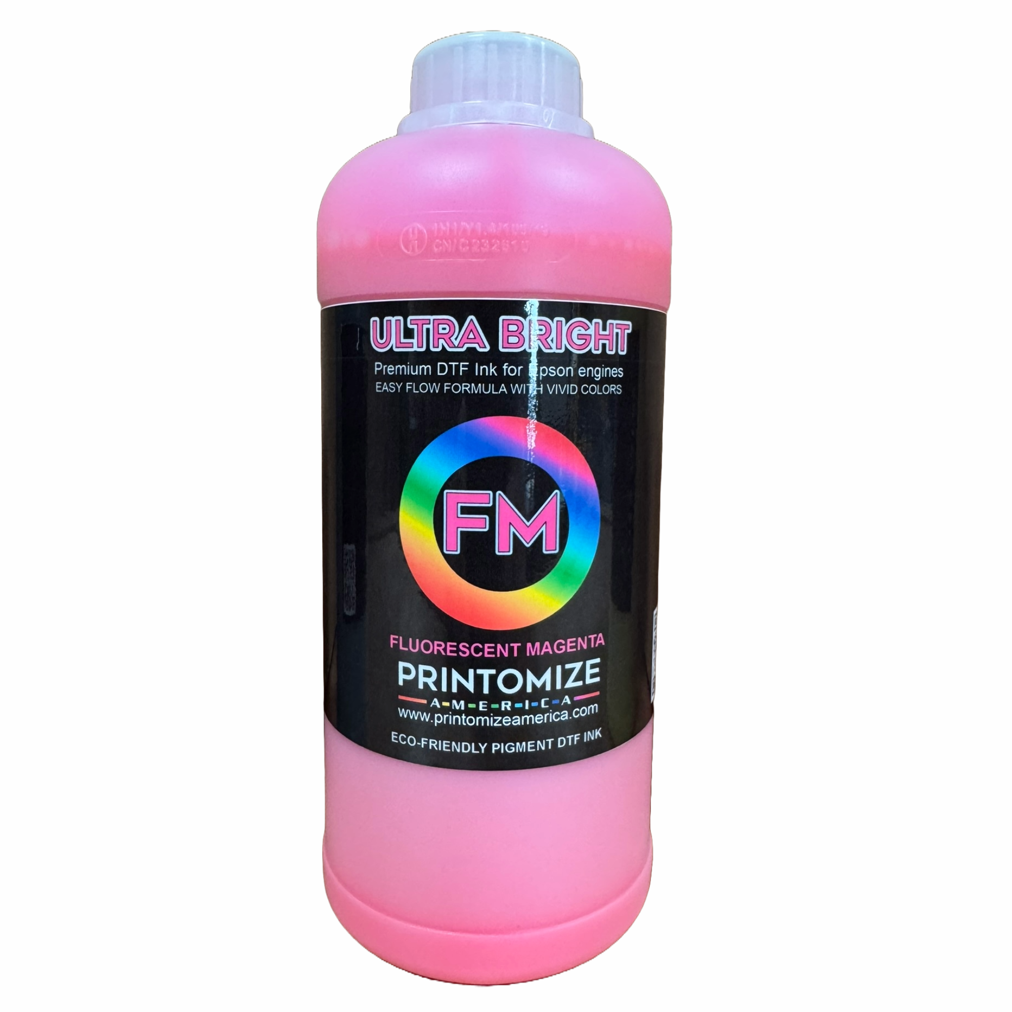 1 Litre DTF Ultra Bright Fluorescent Magenta Ink by Printomize America, featuring a vibrant pink color, designed for Epson engines, providing easy flow and vivid results.