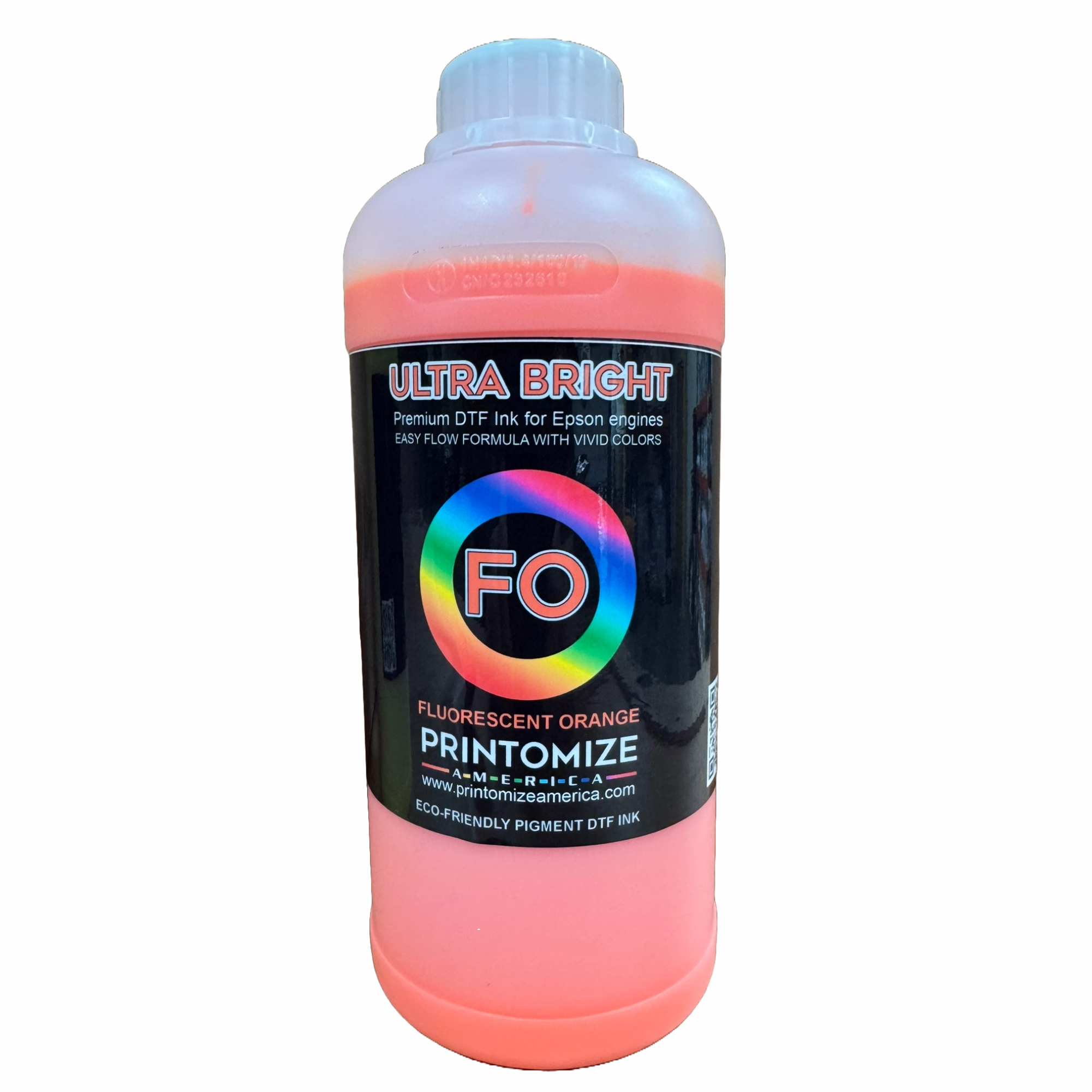 1 Litre DTF Ultra Bright Fluorescent Orange Ink by Printomize America, showcasing a striking orange hue, engineered for Epson engines with an easy flow formula for vivid color.