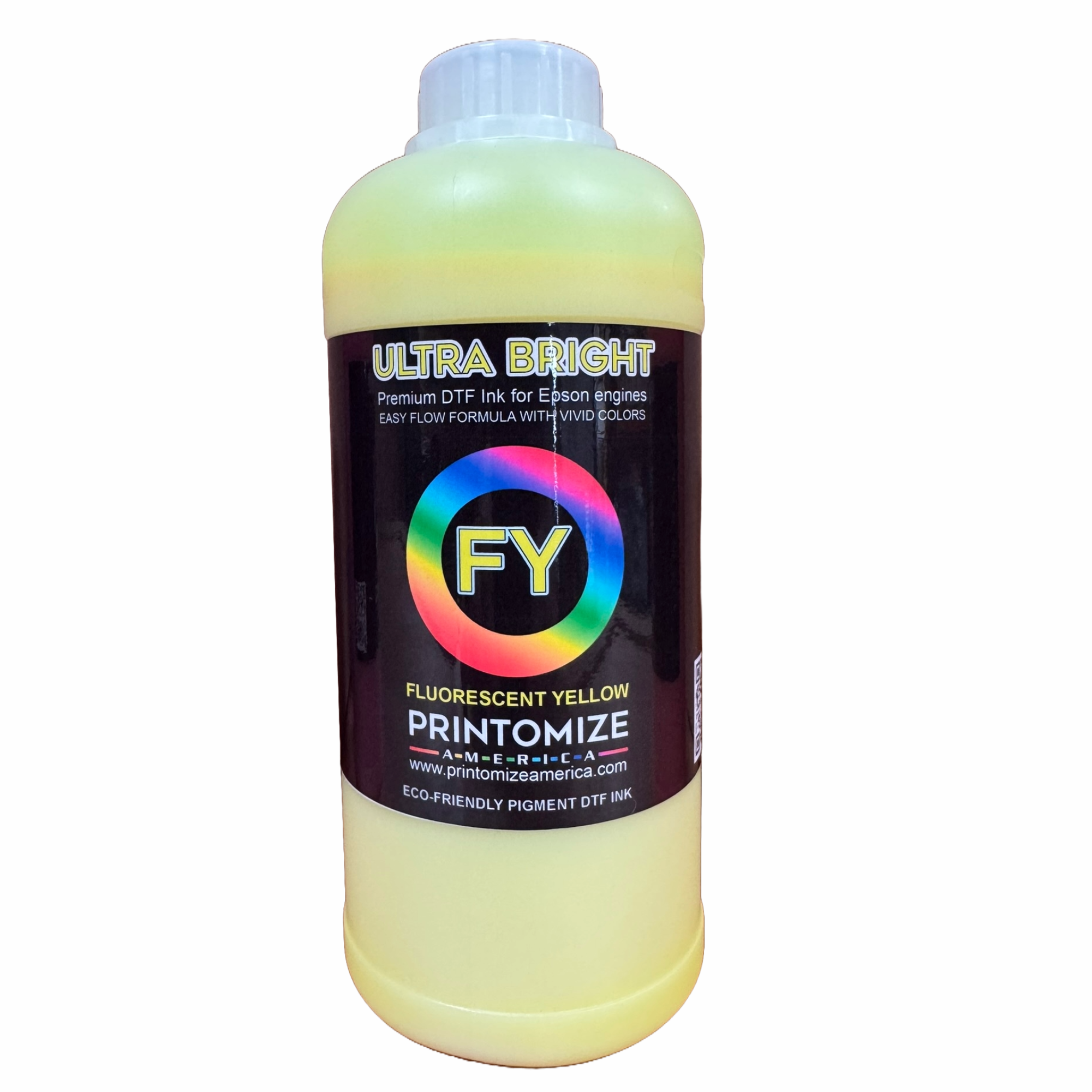 1 Litre DTF Ultra Bright Fluorescent Yellow Ink by Printomize America, highlighting a bright yellow pigment, crafted for Epson engines, ensuring easy flow and vibrant color application.