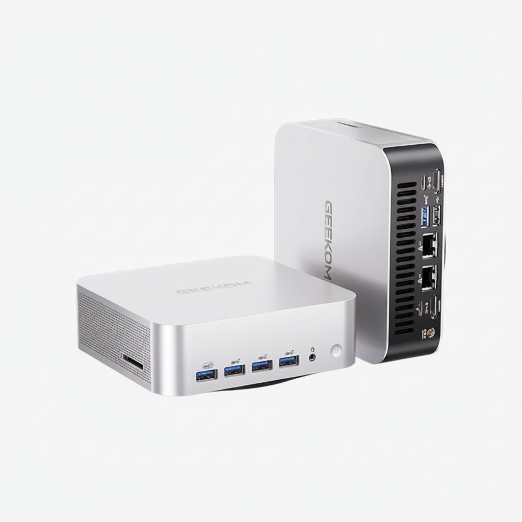 GEEKOM A9 Max mini PC with AMD Ryzen AI 9 HX 370, front and rear views showing USB ports, HDMI, dual LAN and SD card reader