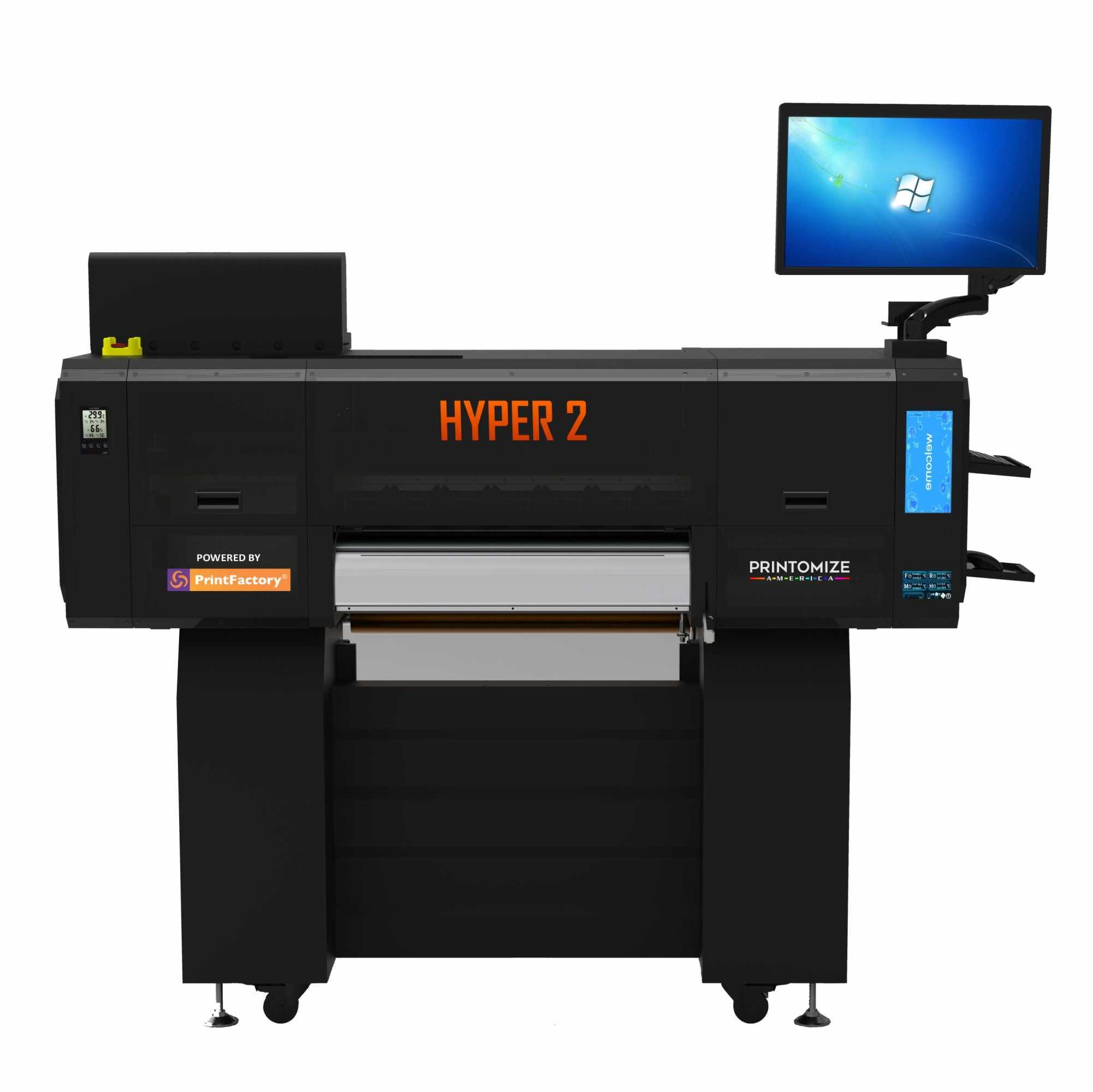 Hyper 2 DTF Printer & Oven by Printomize America with integrated monitor and dual-function printing and curing system for professional textile printing.