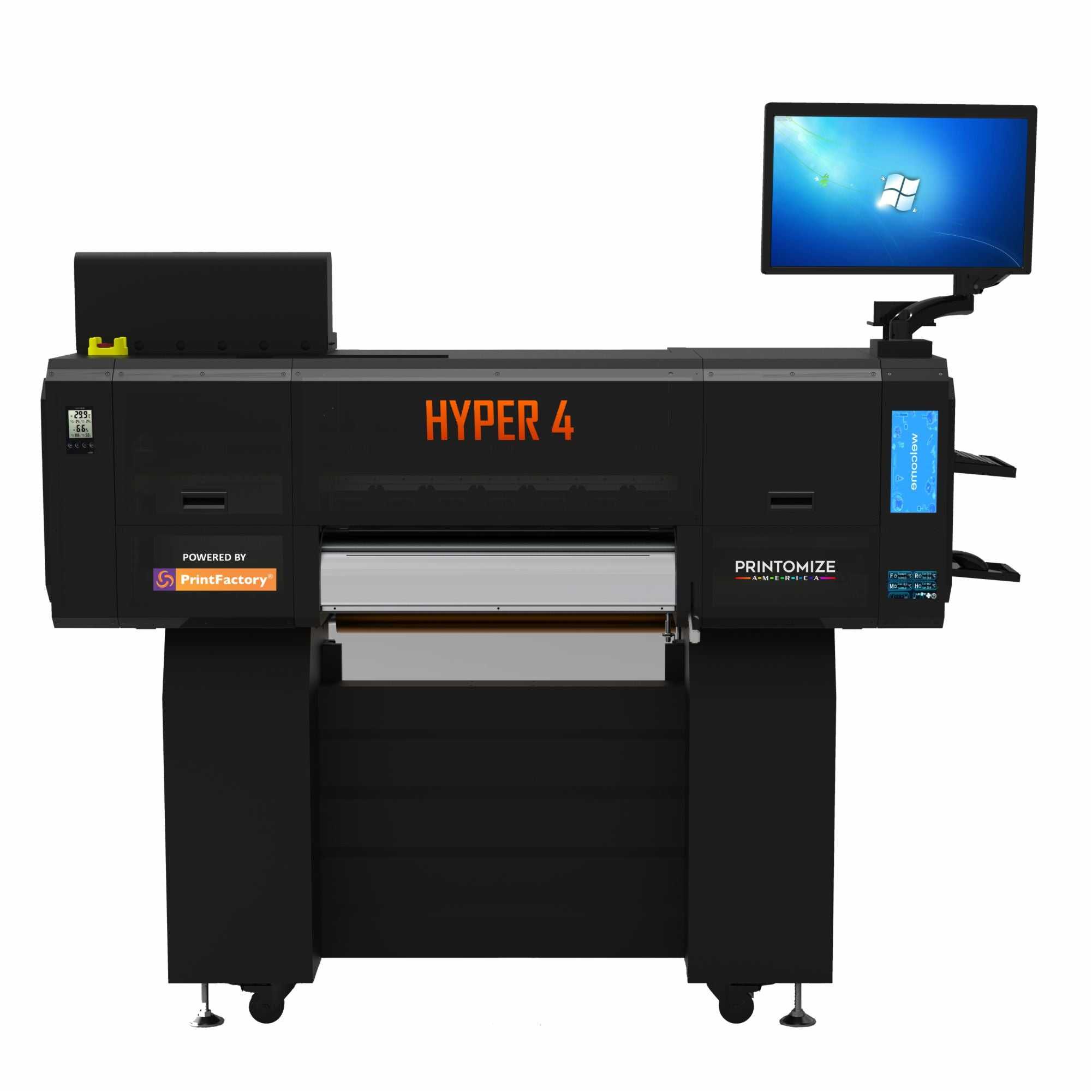 Front view of Hyper 4 DTF Printer featuring Print Factory RIP software, 24-inch print width, and commercial-grade DTF printing capabilities.