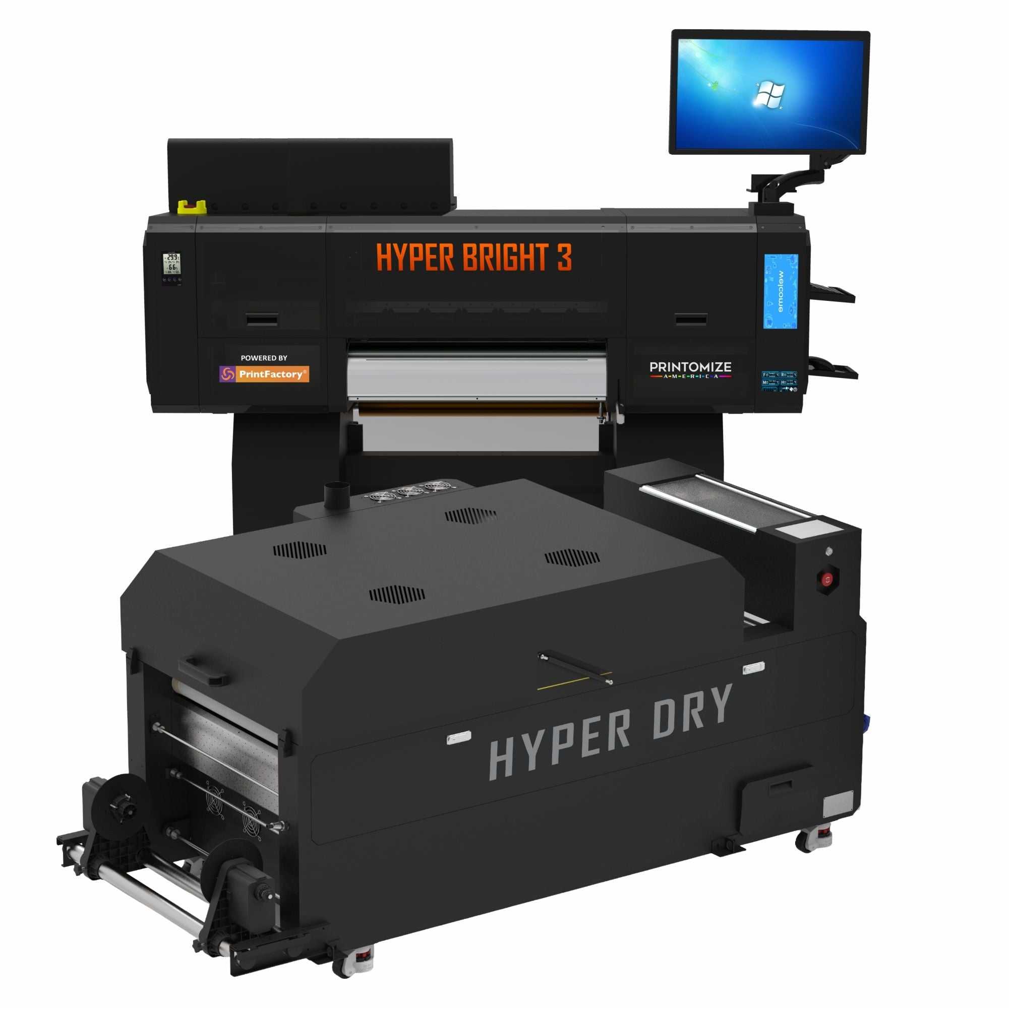 Hyper Bright 3 DTF Printer/Oven with 9-color printing, touchscreen control, and integrated Hyper Dry unit for high-speed garment printing tasks.