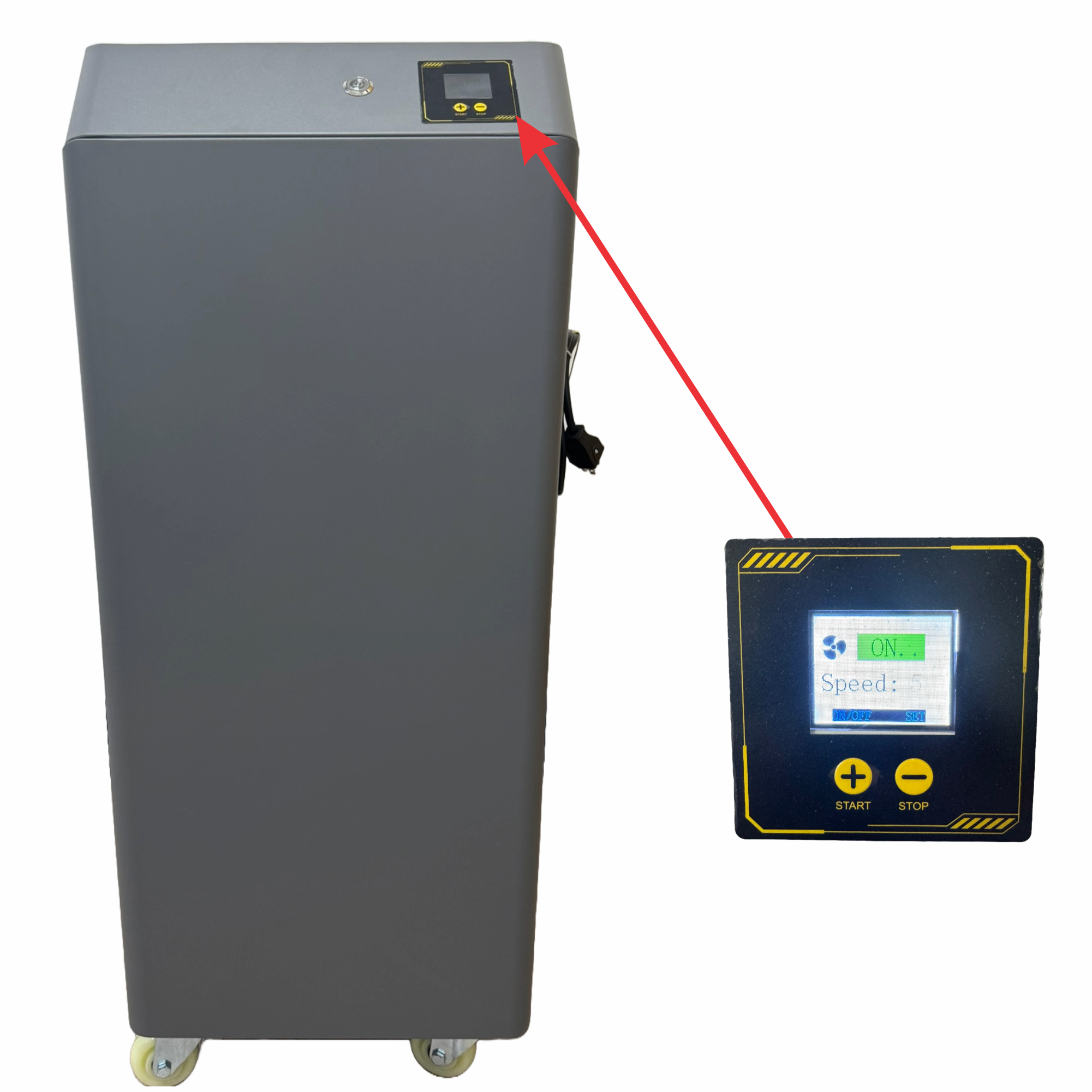 Close-up of the Fume Extractor's control panel by Printomize America, illustrating power and speed settings.