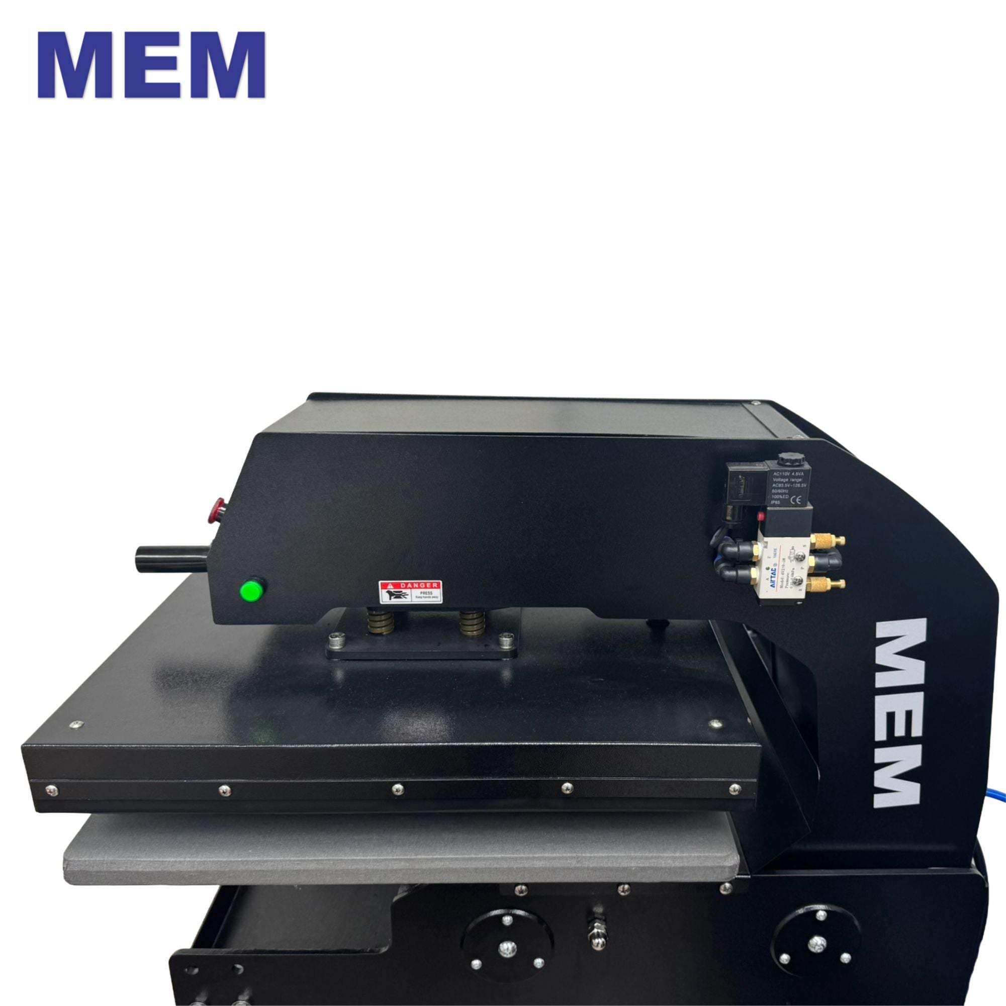 Side angle of the MEM TQA-4050 16" x 20" Semi-Automatic Double Station Pneumatic Heat Press with Quick Release, focusing on the pressing surface and controls.