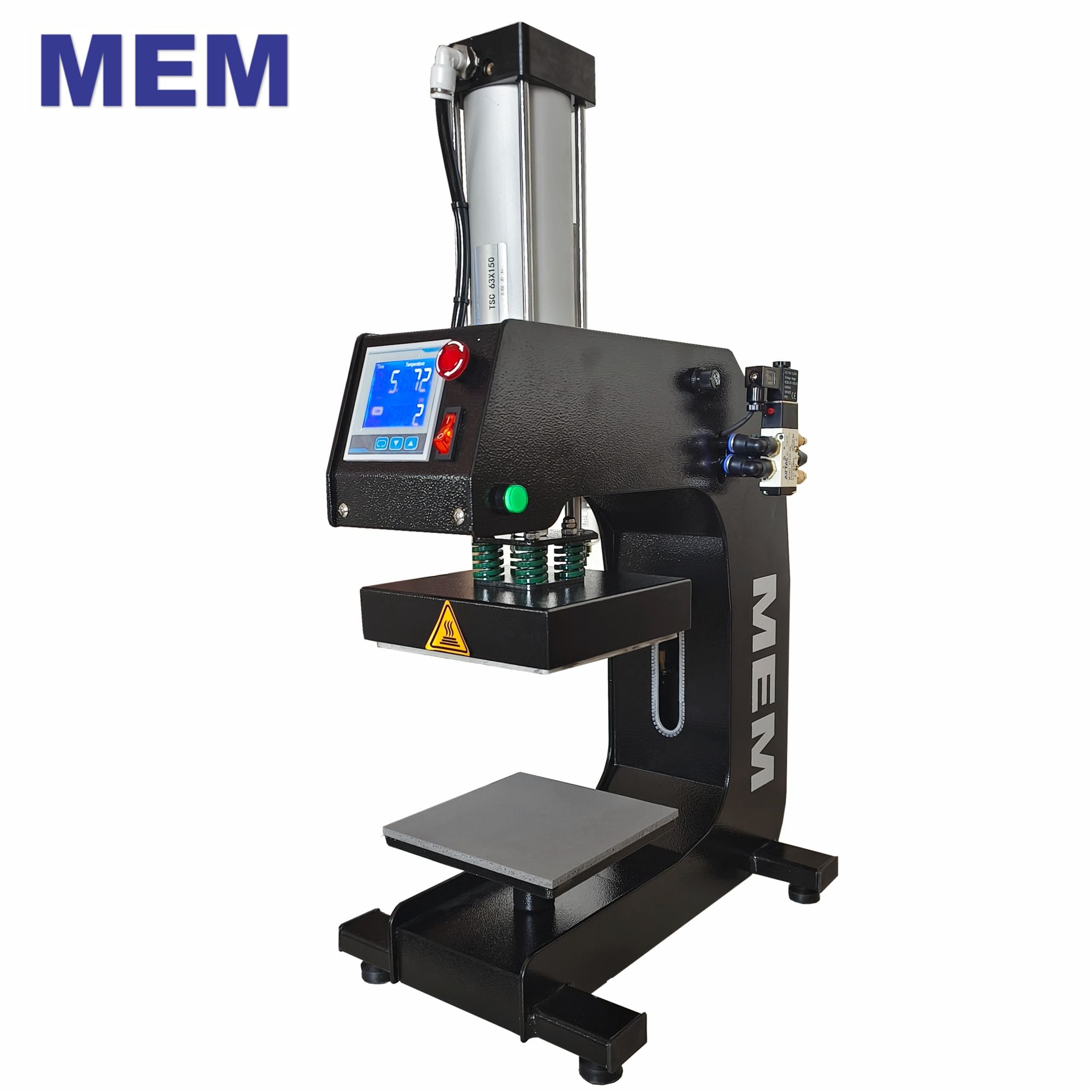 Close-up of TQ1-1515 6" x 6" Pneumatic Heat Press Machine by MEM showcasing the LCD controller display for time and temperature settings.