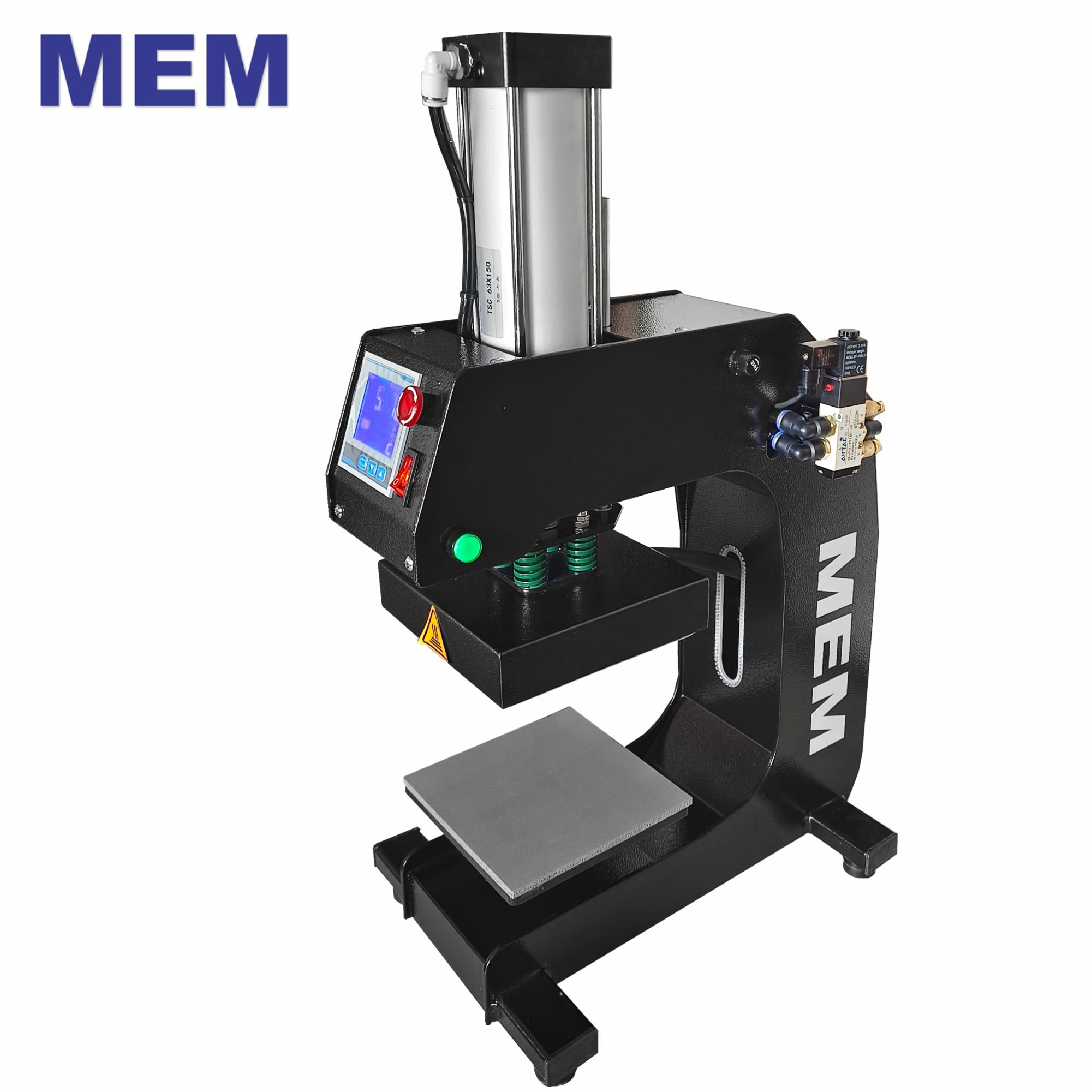 TQ1-1515 Small 6" x 6" Label Pneumatic Heat Press Machine by MEM featuring heavy-duty construction and dual-station design for efficient label transfers.