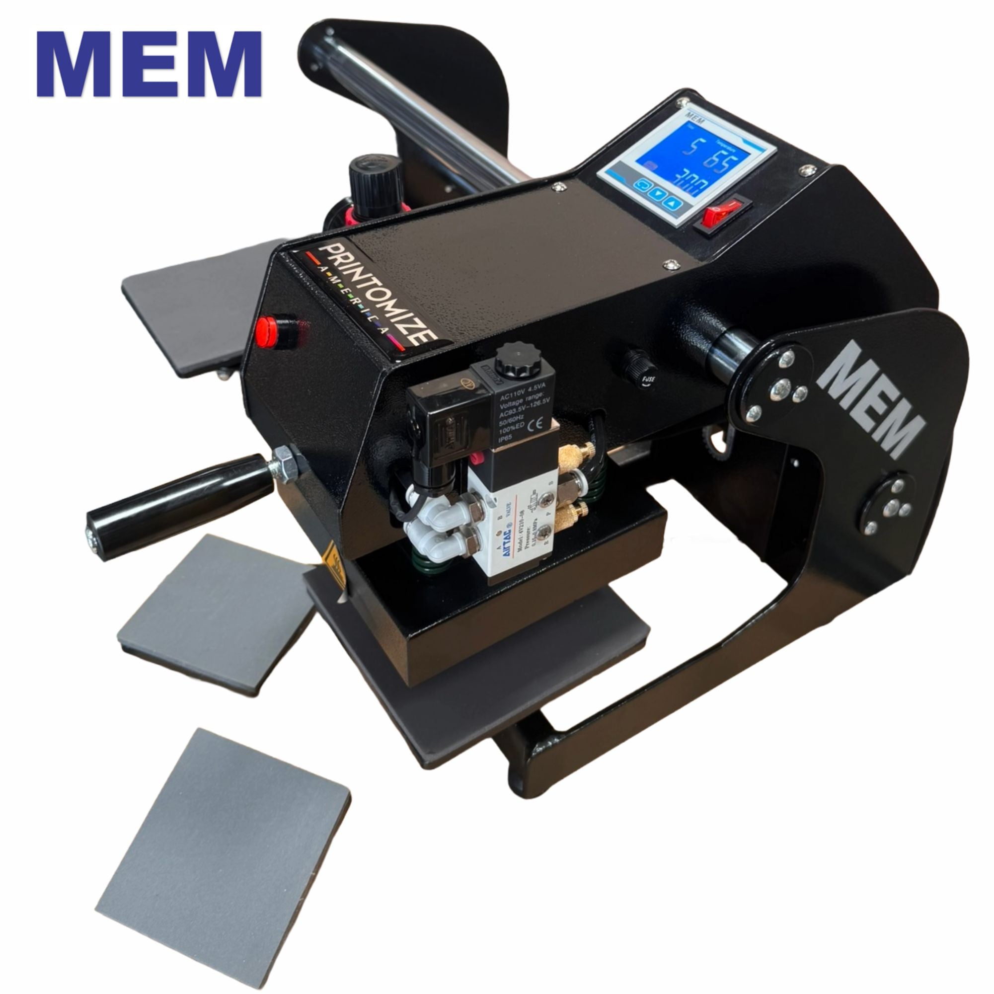 MEM TQ-1515 pneumatic press from above with LCD control panel and dual 6 x 6 inch platens.